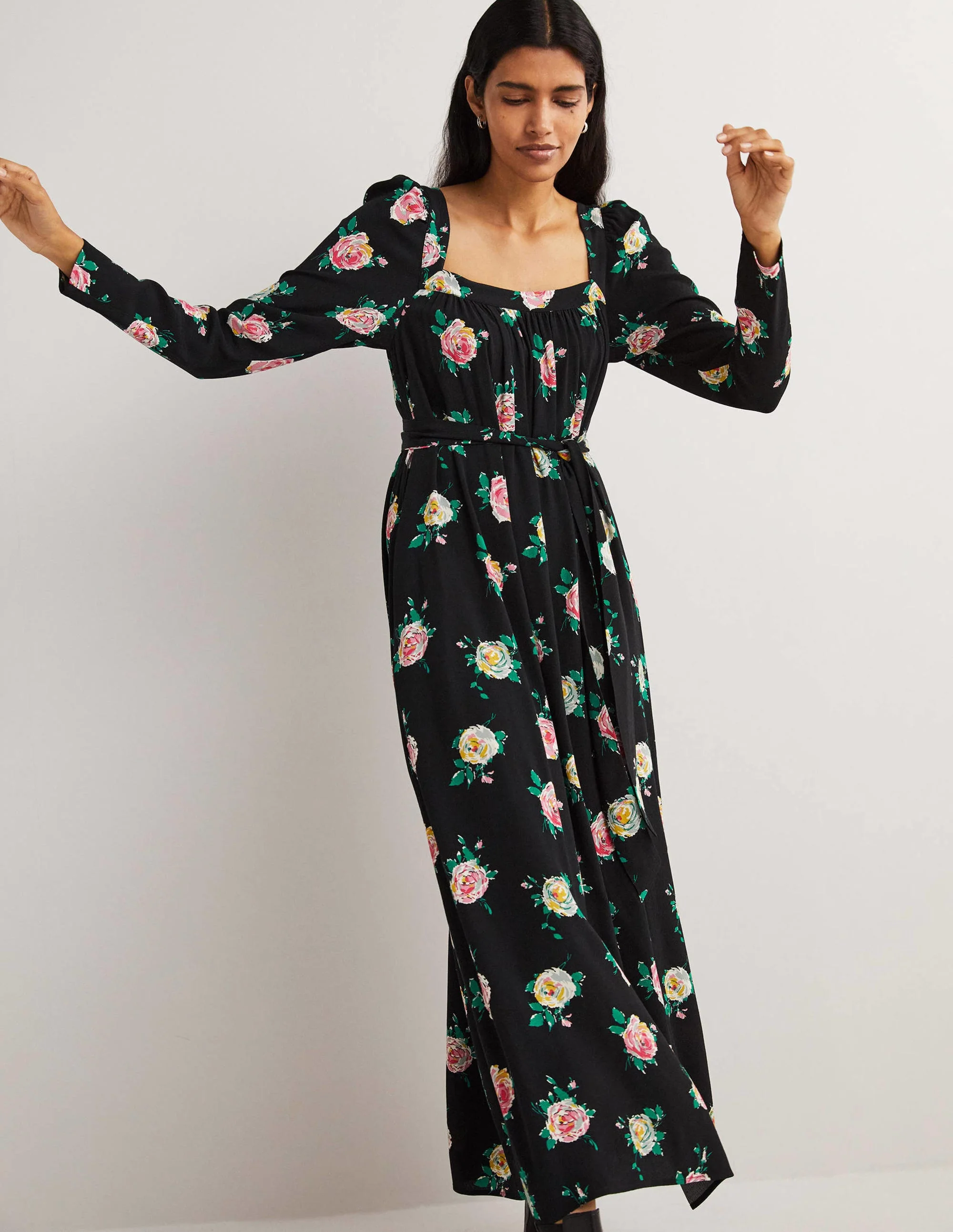 Square Neck Maxi Dress-Black, Painterly Rose - Image 4