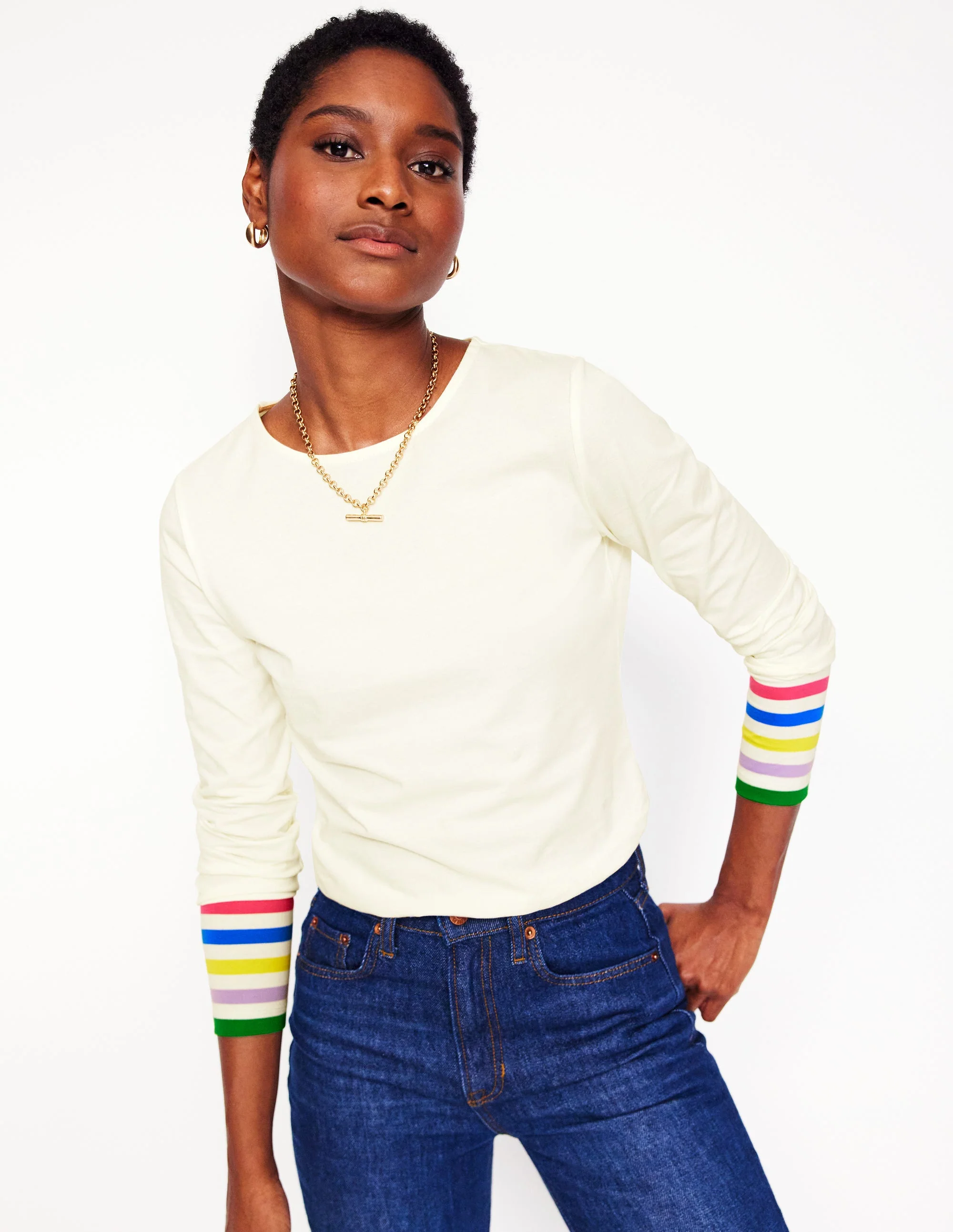 Stripe Cuff Top-Ivory Rainbow Stripe Cuff