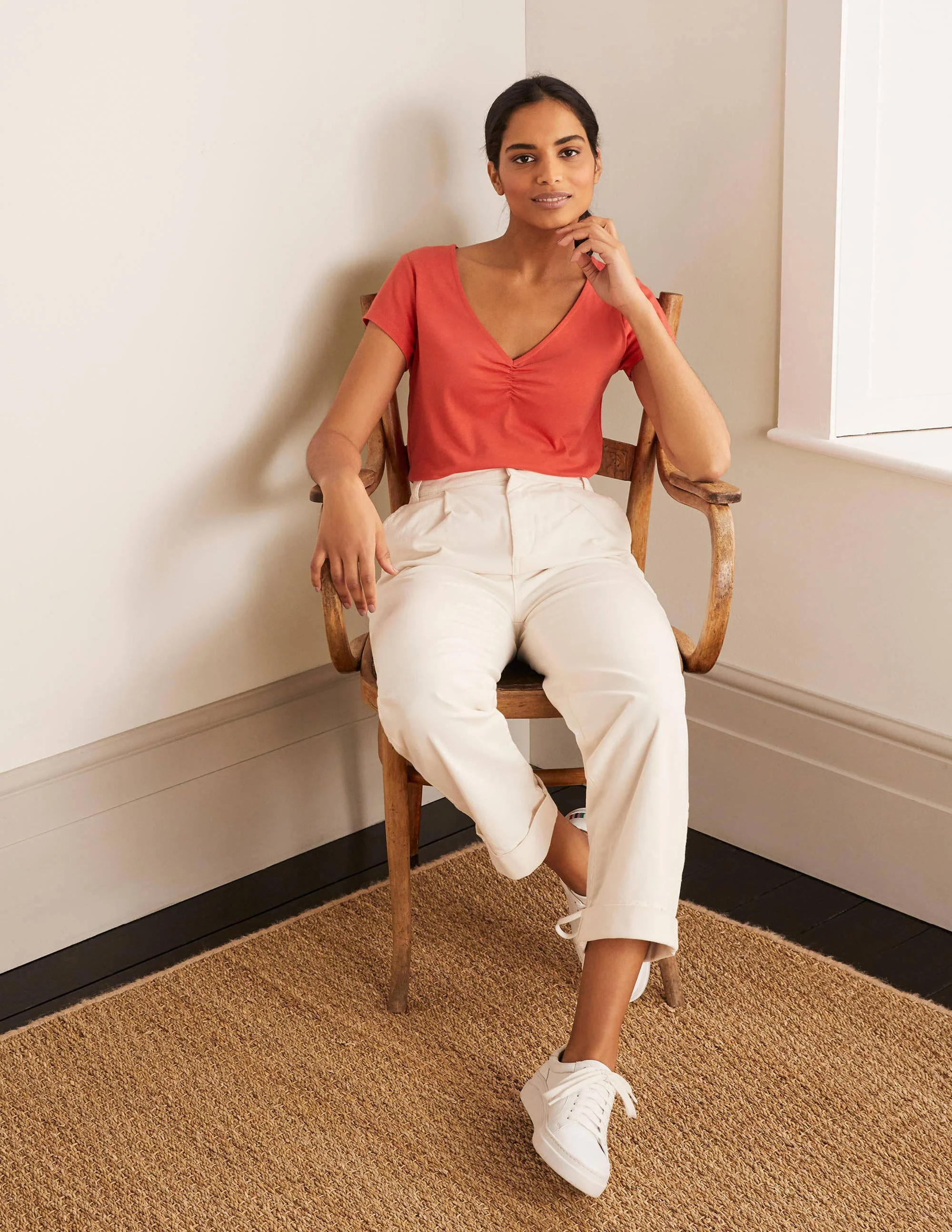 Supersoft Ruched V-neck Tee-Cherry Red