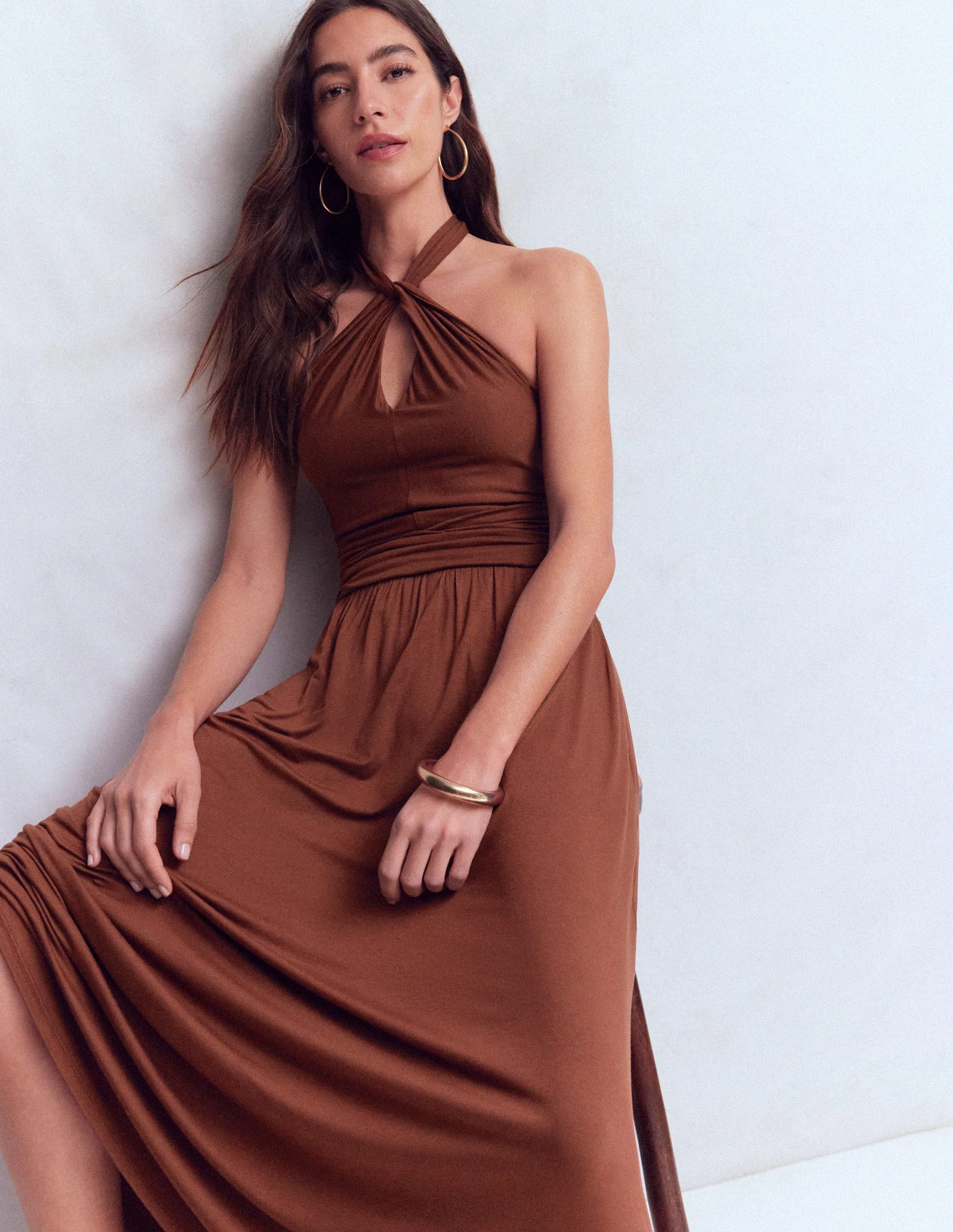 Sydney Twist Neck Jersey Dress-Roasted Brown
