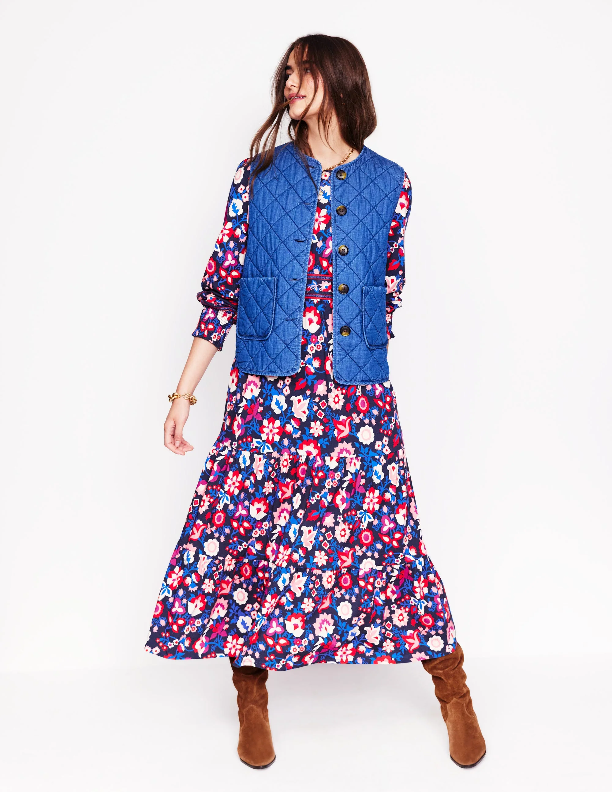 Tabitha Tiered Jersey Dress-College Navy, Garden Vine - Image 5