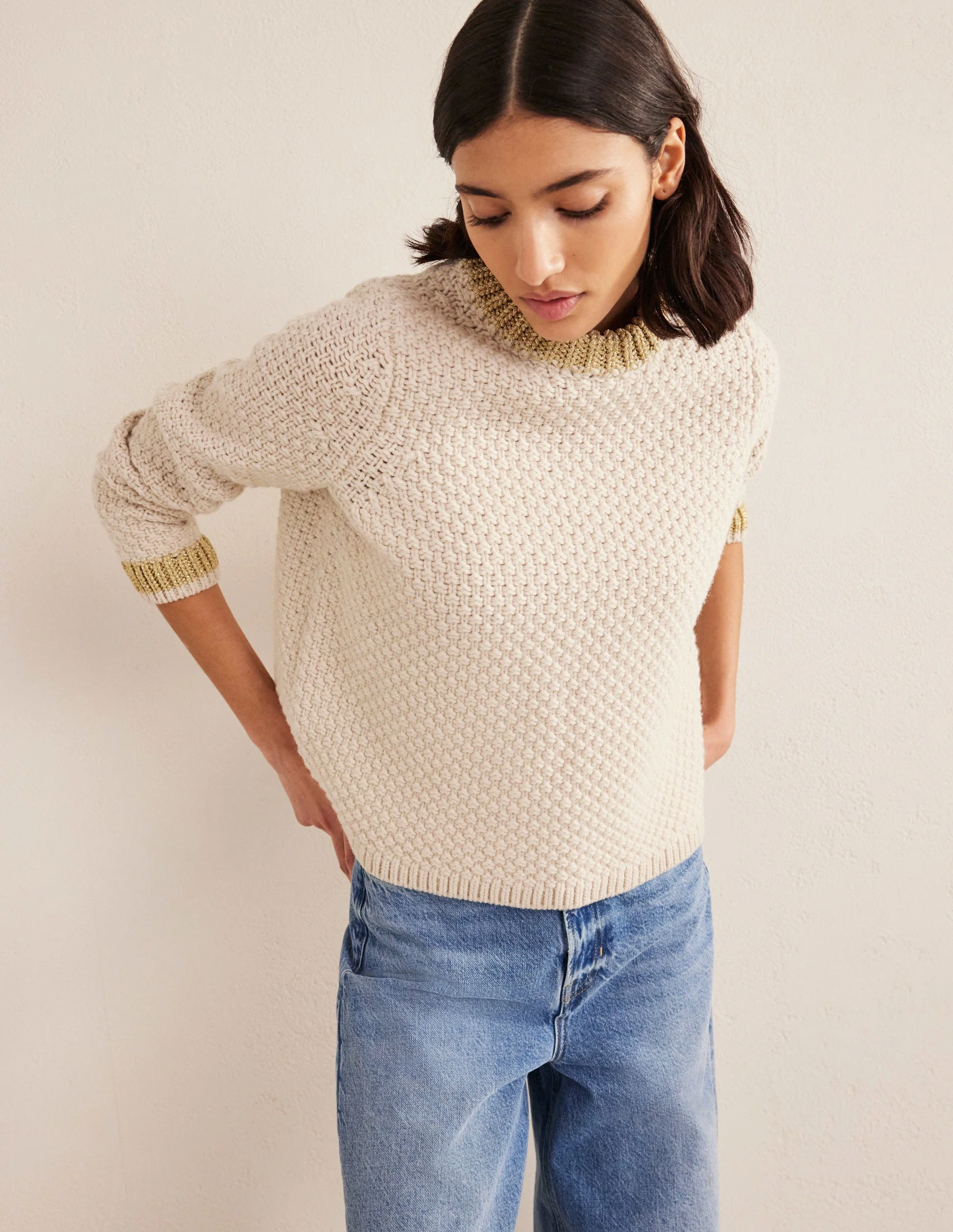 Textured Chunky Wool Sweater-Shearling, Gold - Image 4