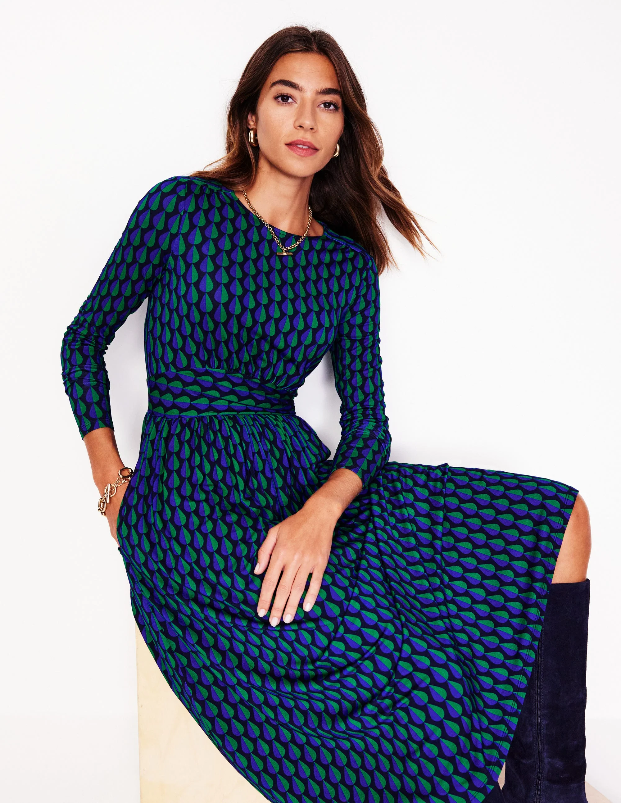 Thea Long Sleeve Jersey Dress-Pine, Raindrop Geo - Image 4