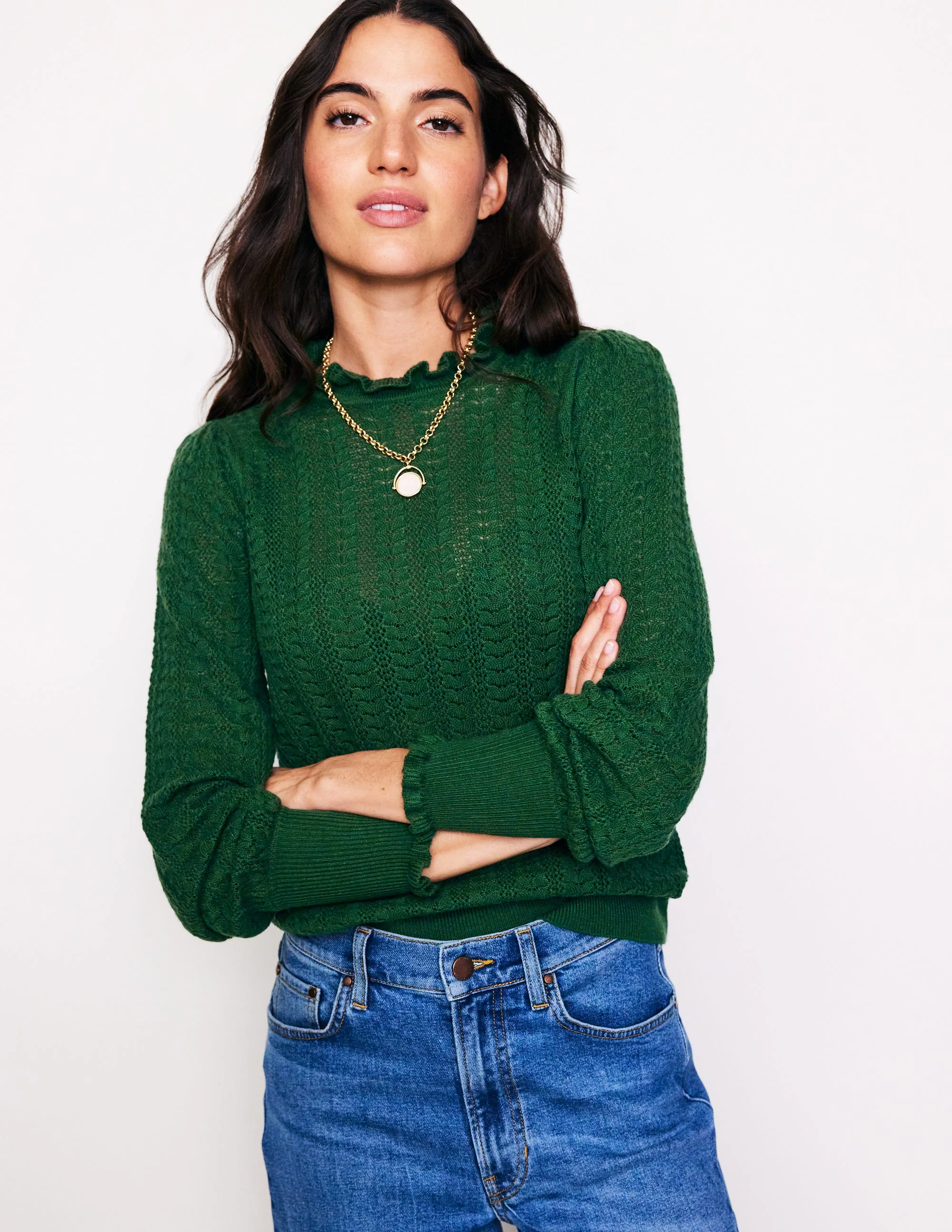Tia Pointelle Frilled Sweater-Pine Green - Image 2