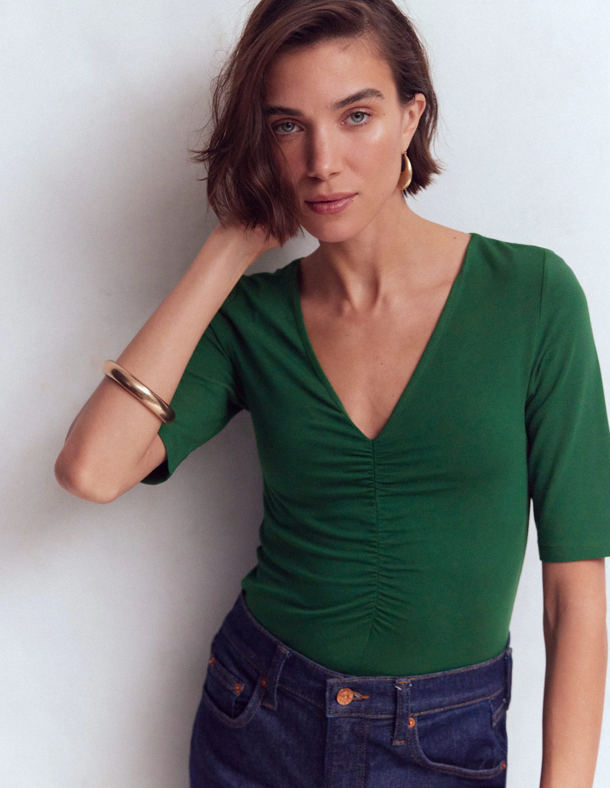 Tia Ruched V-neck Top-Hunter Green