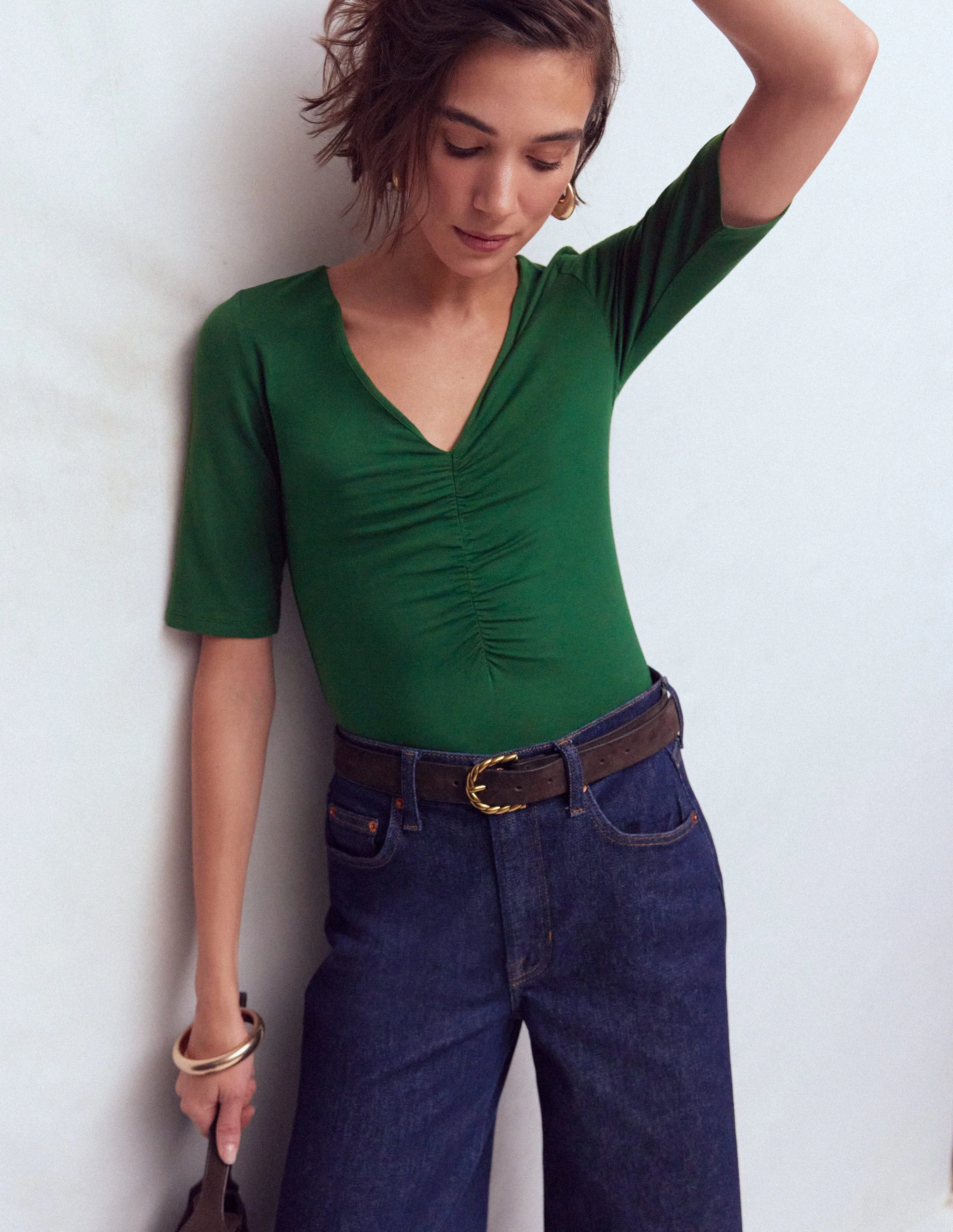 Tia Ruched V-neck Top-Hunter Green - Image 4