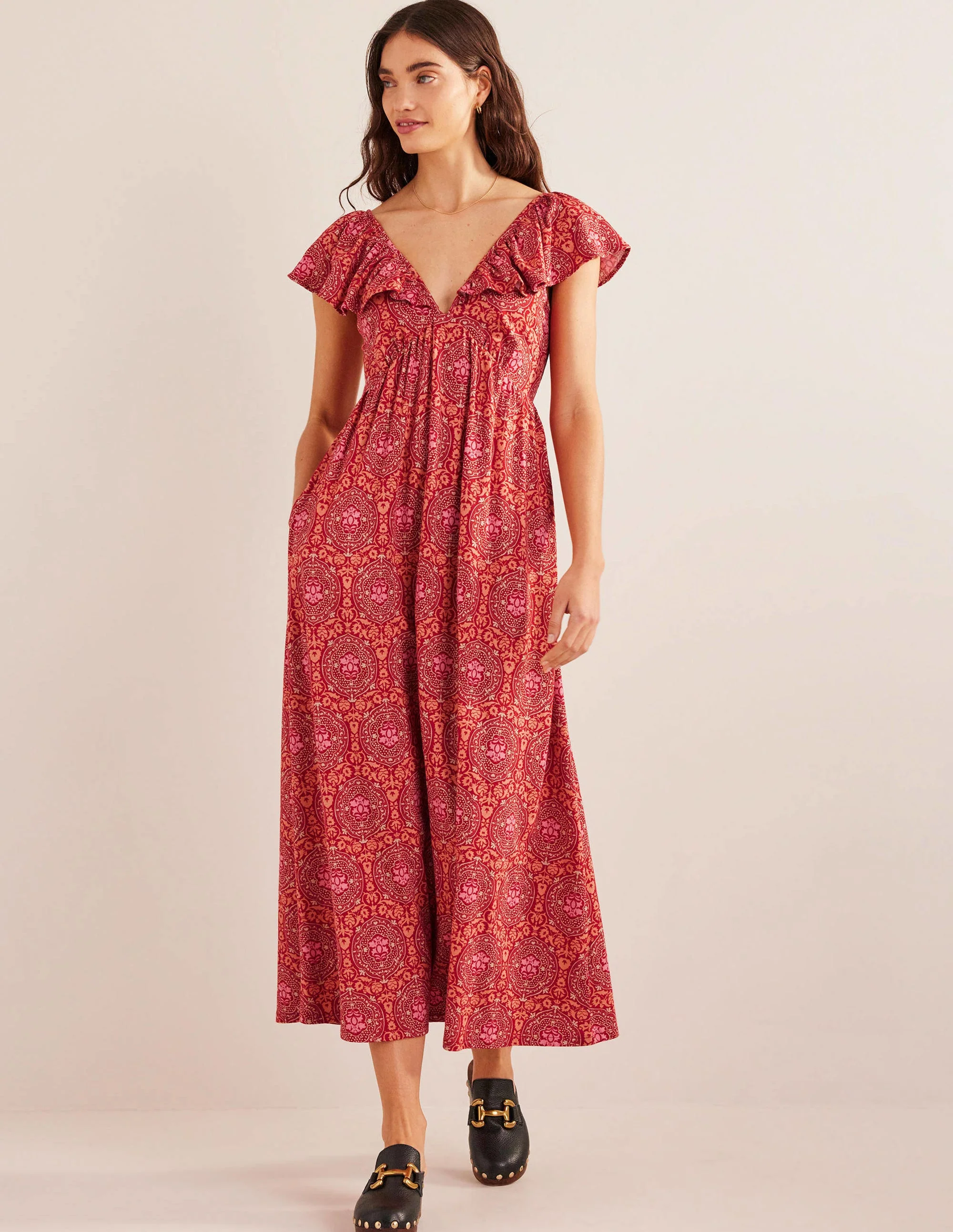 Tie Back Jersey Maxi Dress-Poinsettia, Exotic Tile