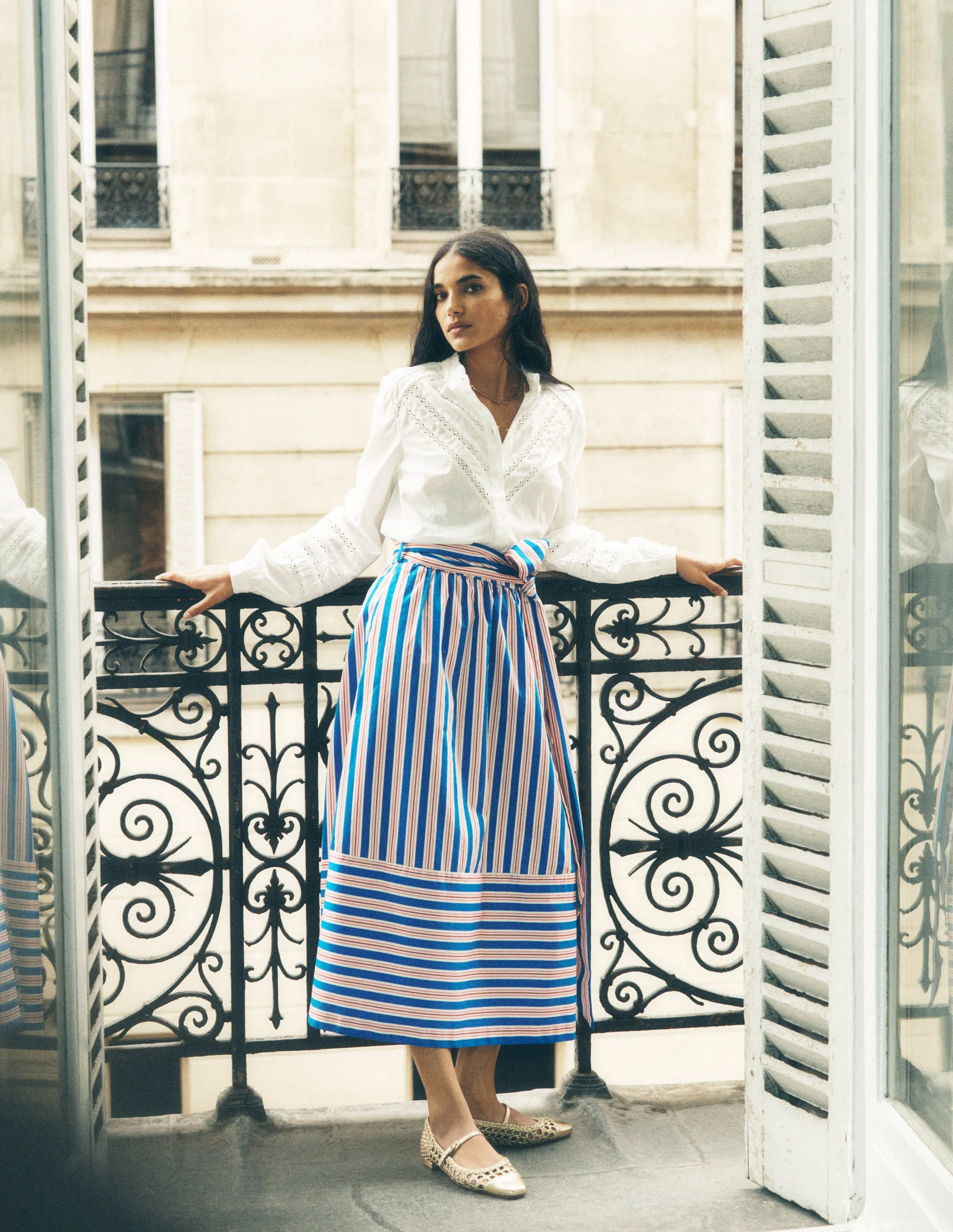 Tie Belt Sateen Midi Skirt-Blue and Terracotta Stripe - Image 5