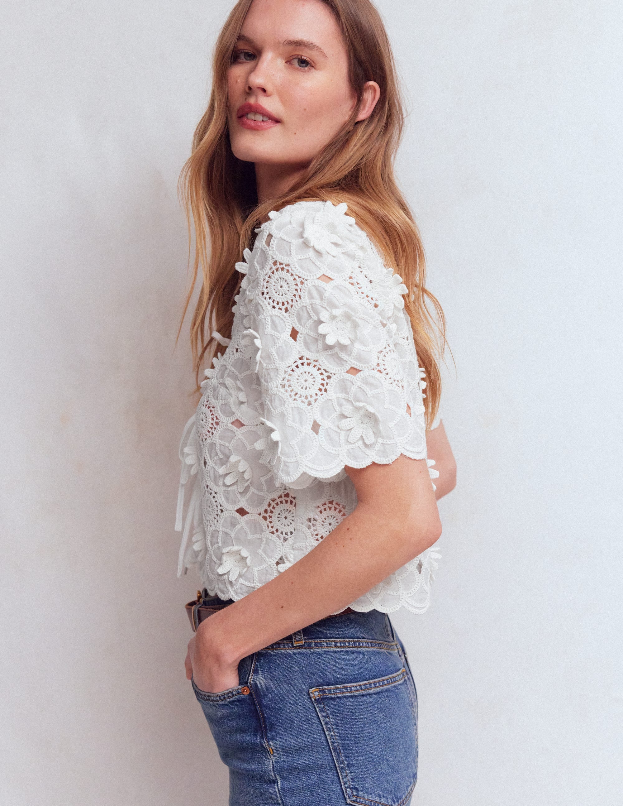 Tie Front Lace Top-White - Image 2