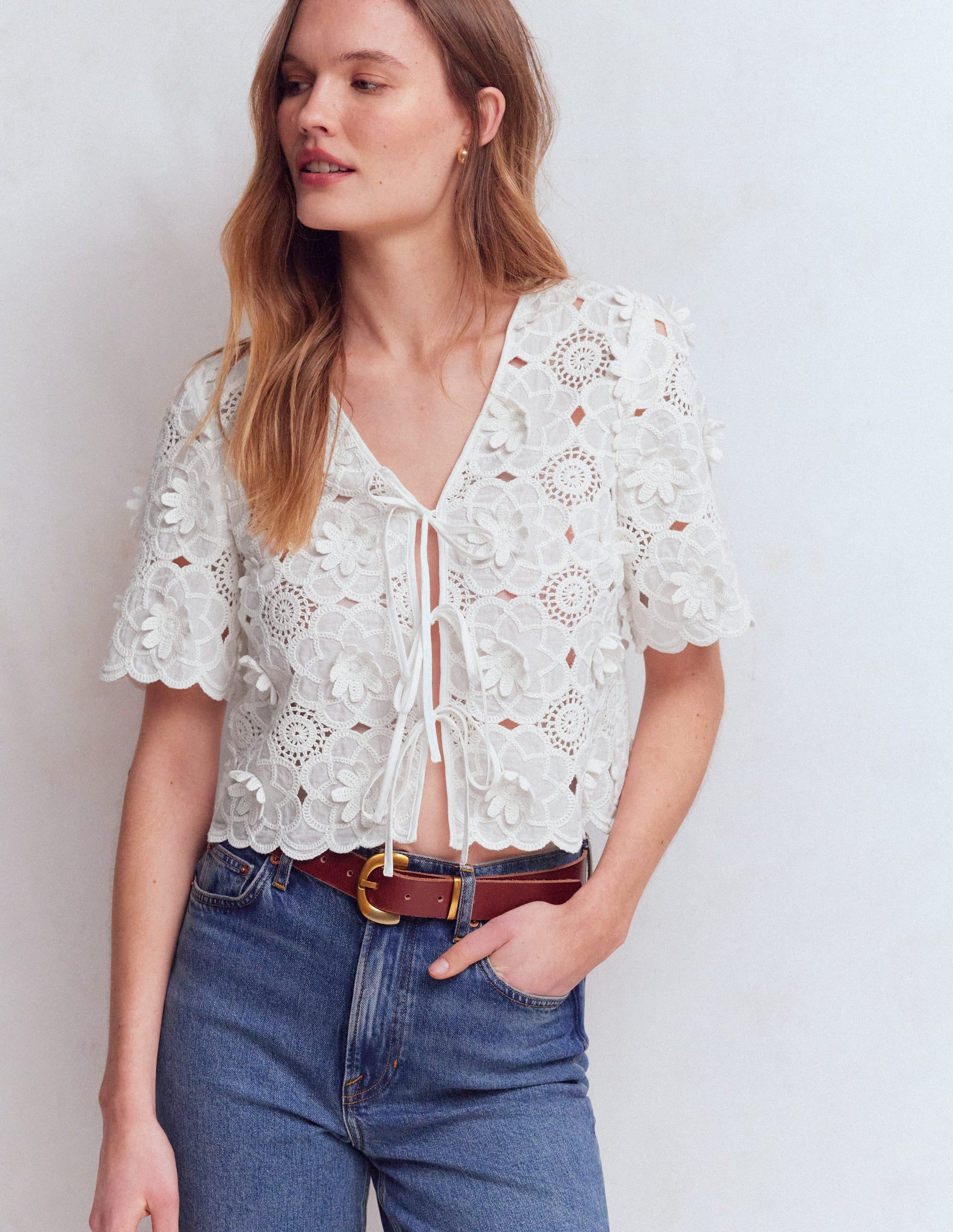 Tie Front Lace Top-White - Image 7