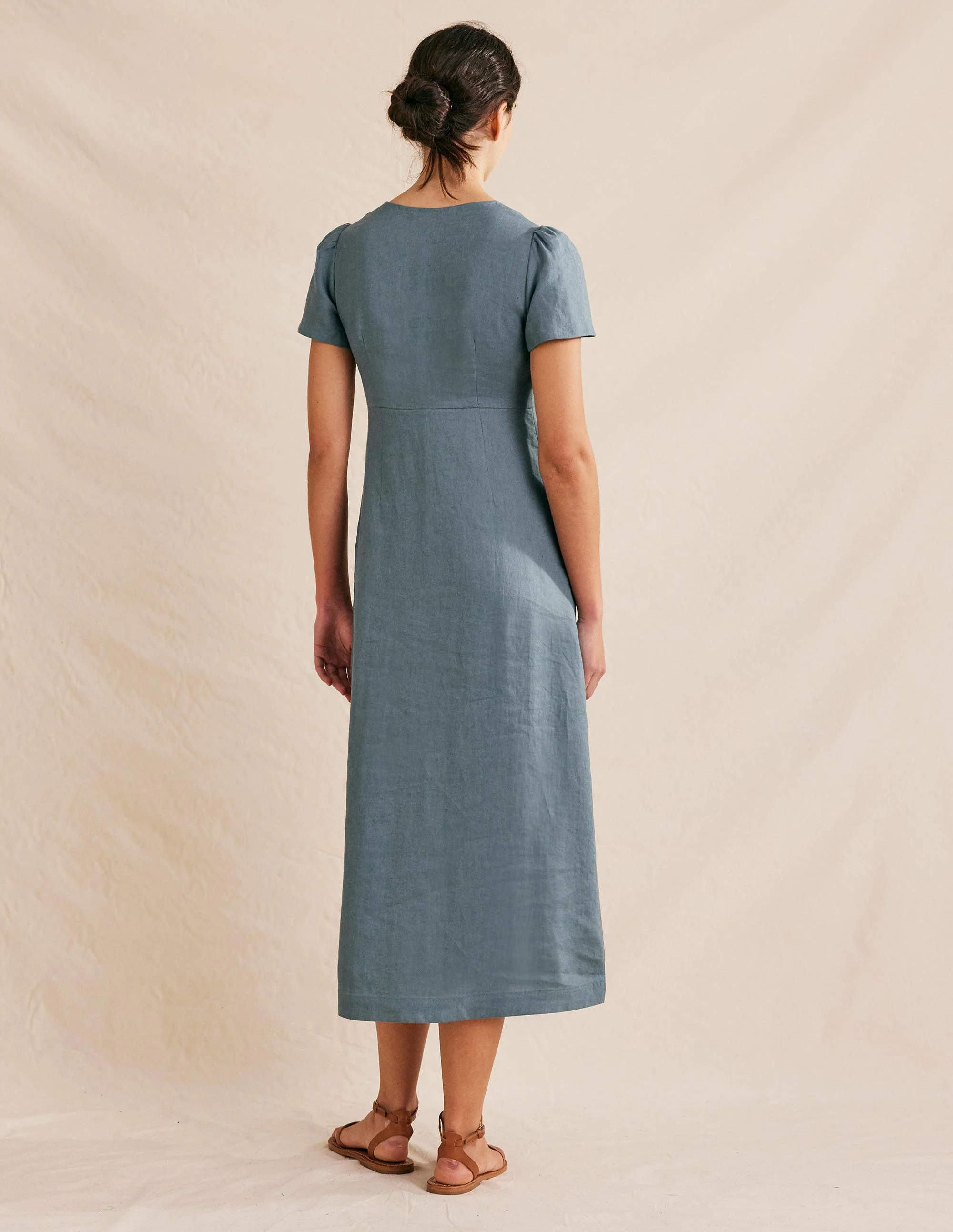 Tie Front Linen Midi Dress-Deep Sea Blue - Image 3
