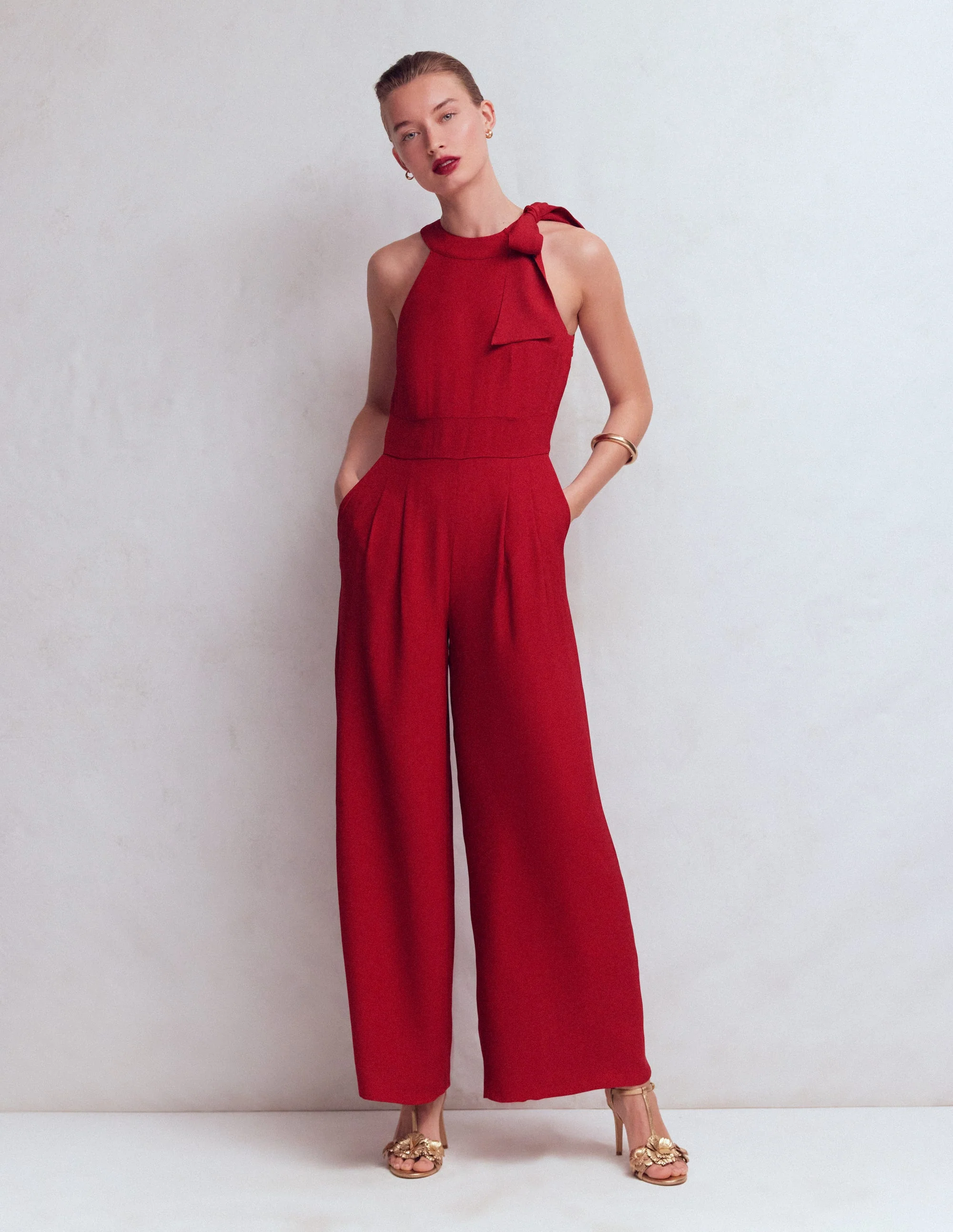 Tie Halter Neck Jumpsuit-Rich Chestnut - Image 4
