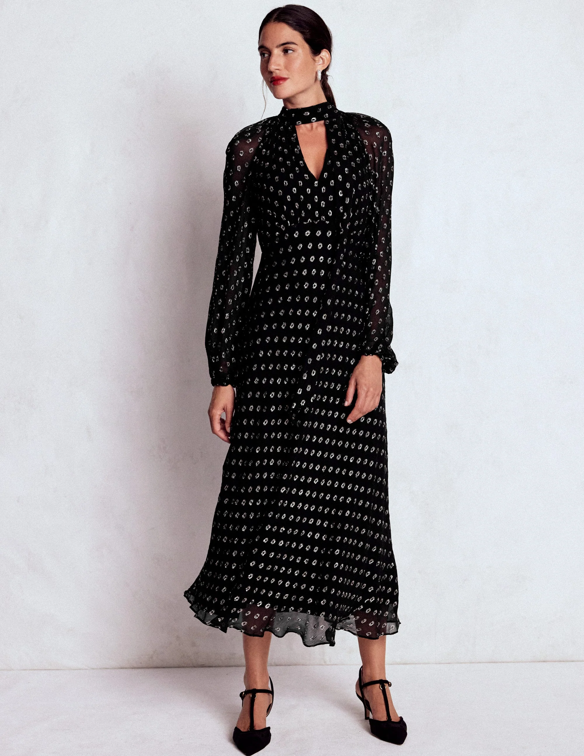 Tie Neck Midi Dress-Black and Silver Clip - Image 4