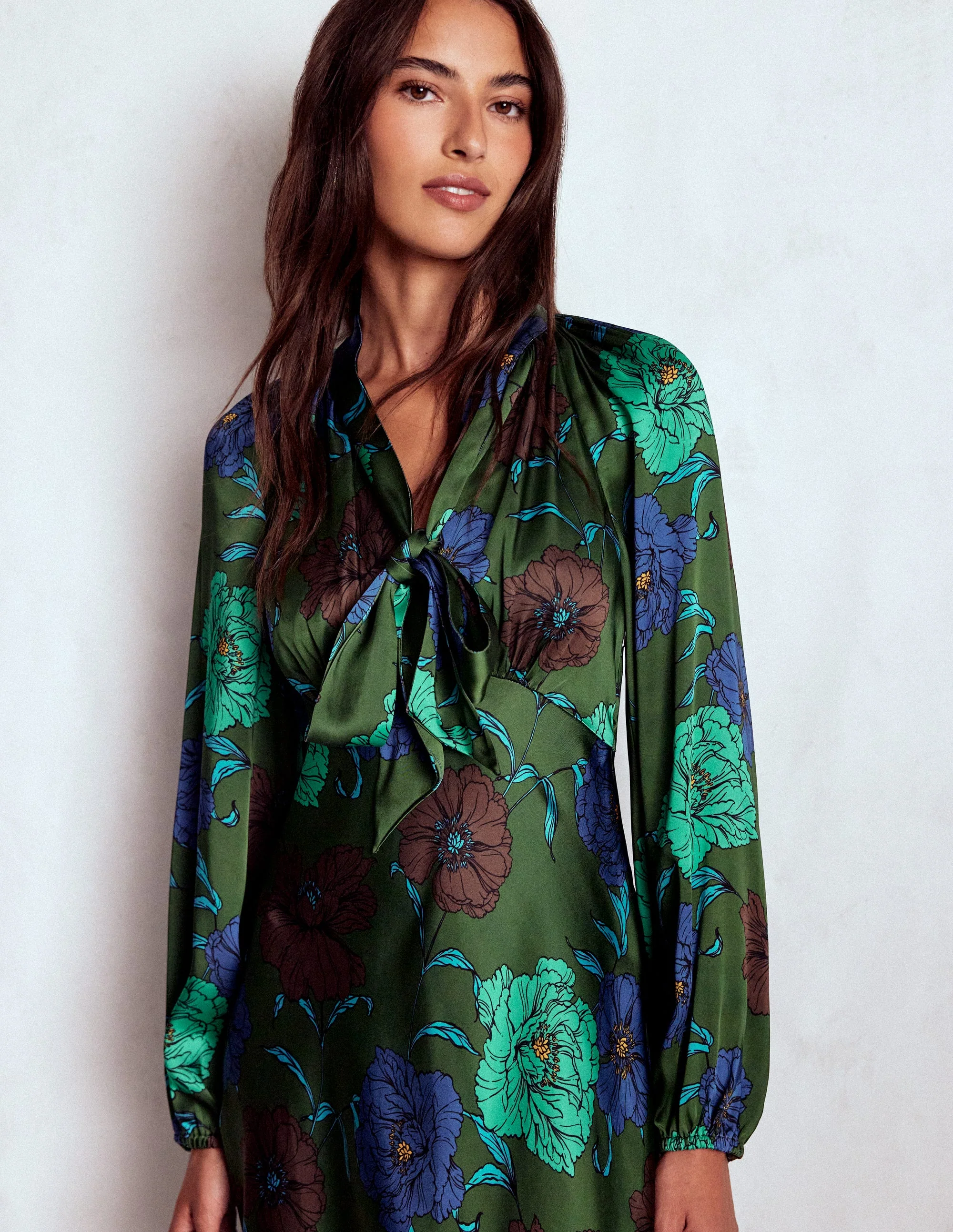 Tie Neck Satin Midi Dress-Green Fir, Peony Bloom - Image 2