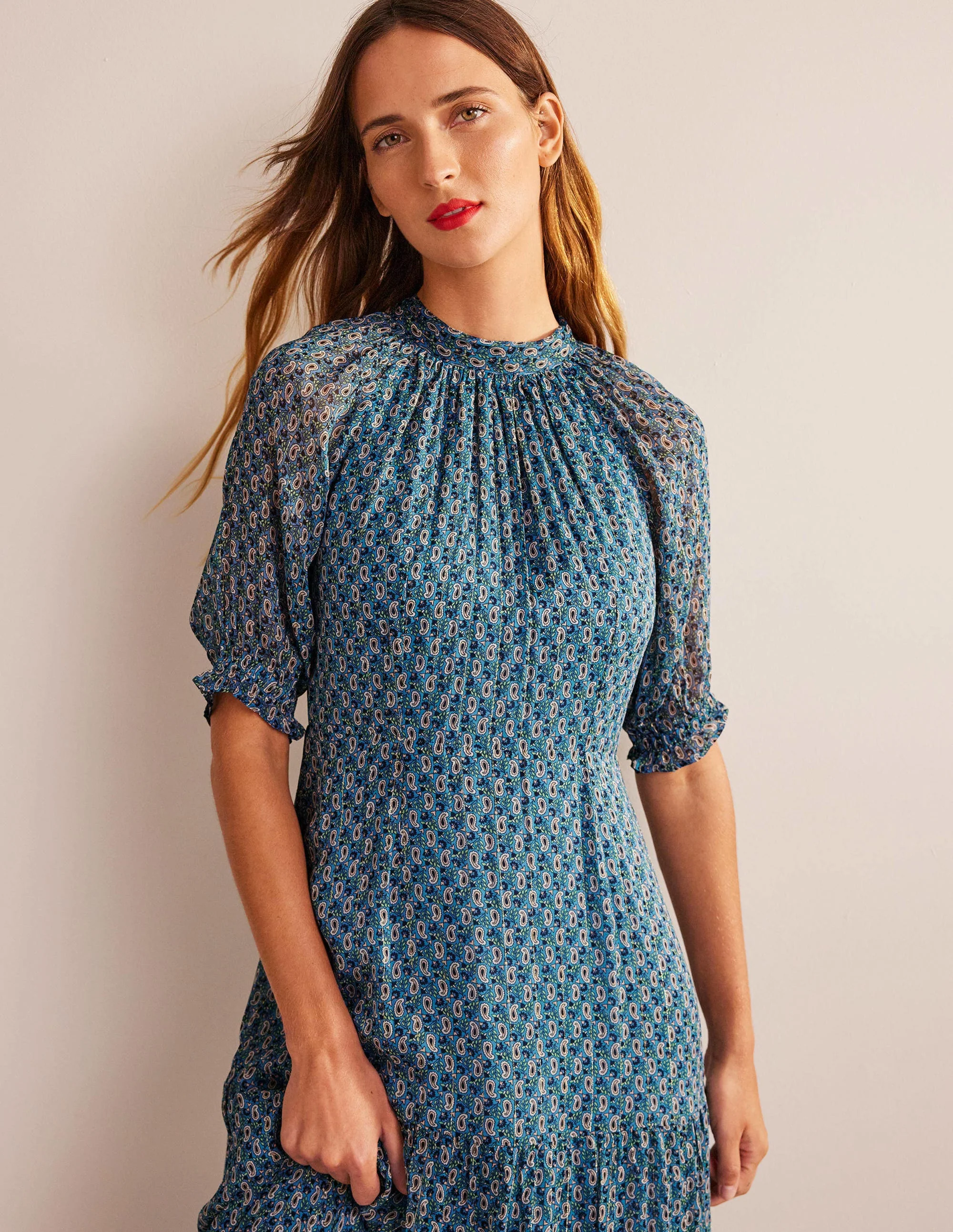 Tie-Neck Tiered Maxi Dress-Blue, Paisley Stem - Image 2