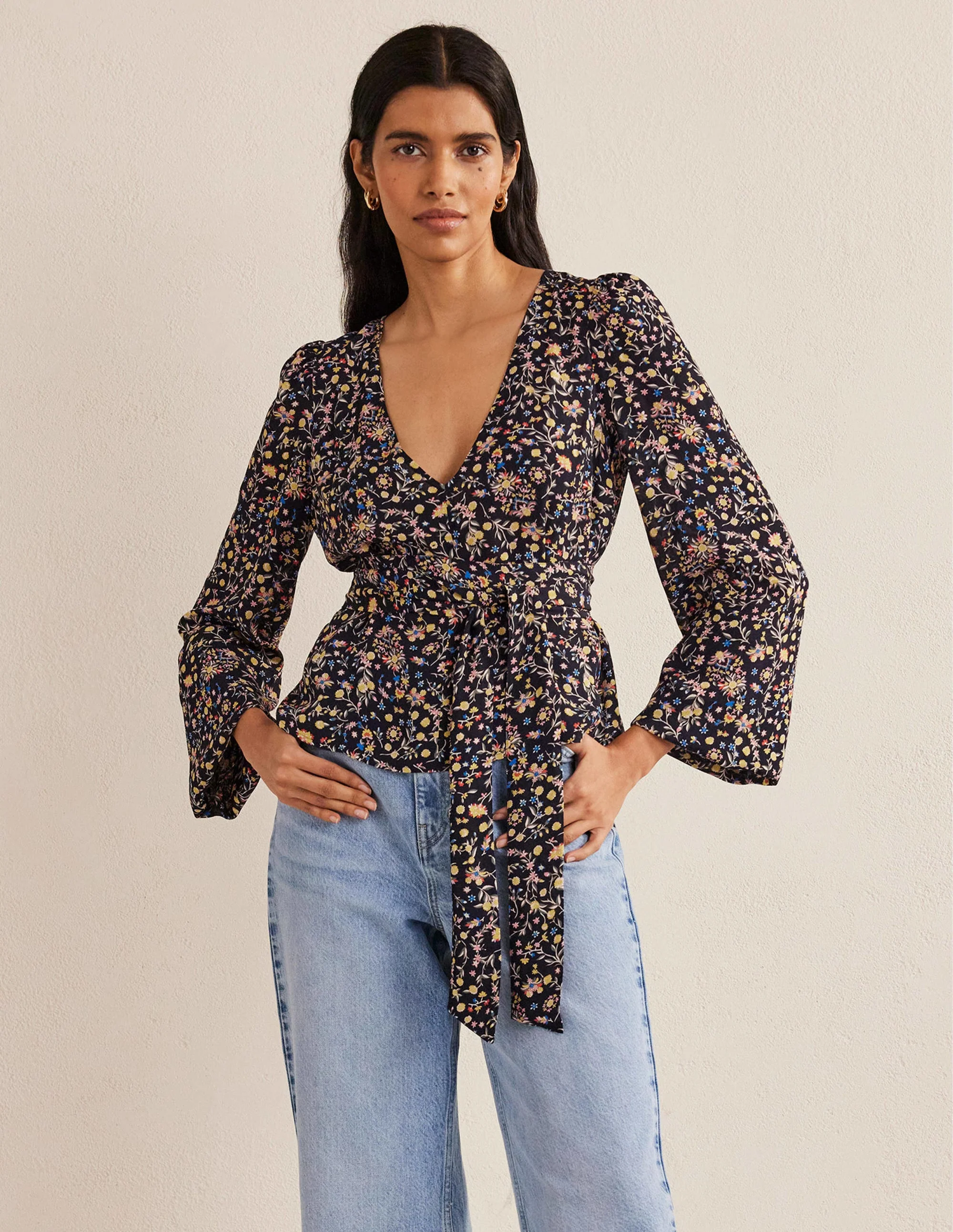 Tie Waist Top-Black, Wildflower Paisley