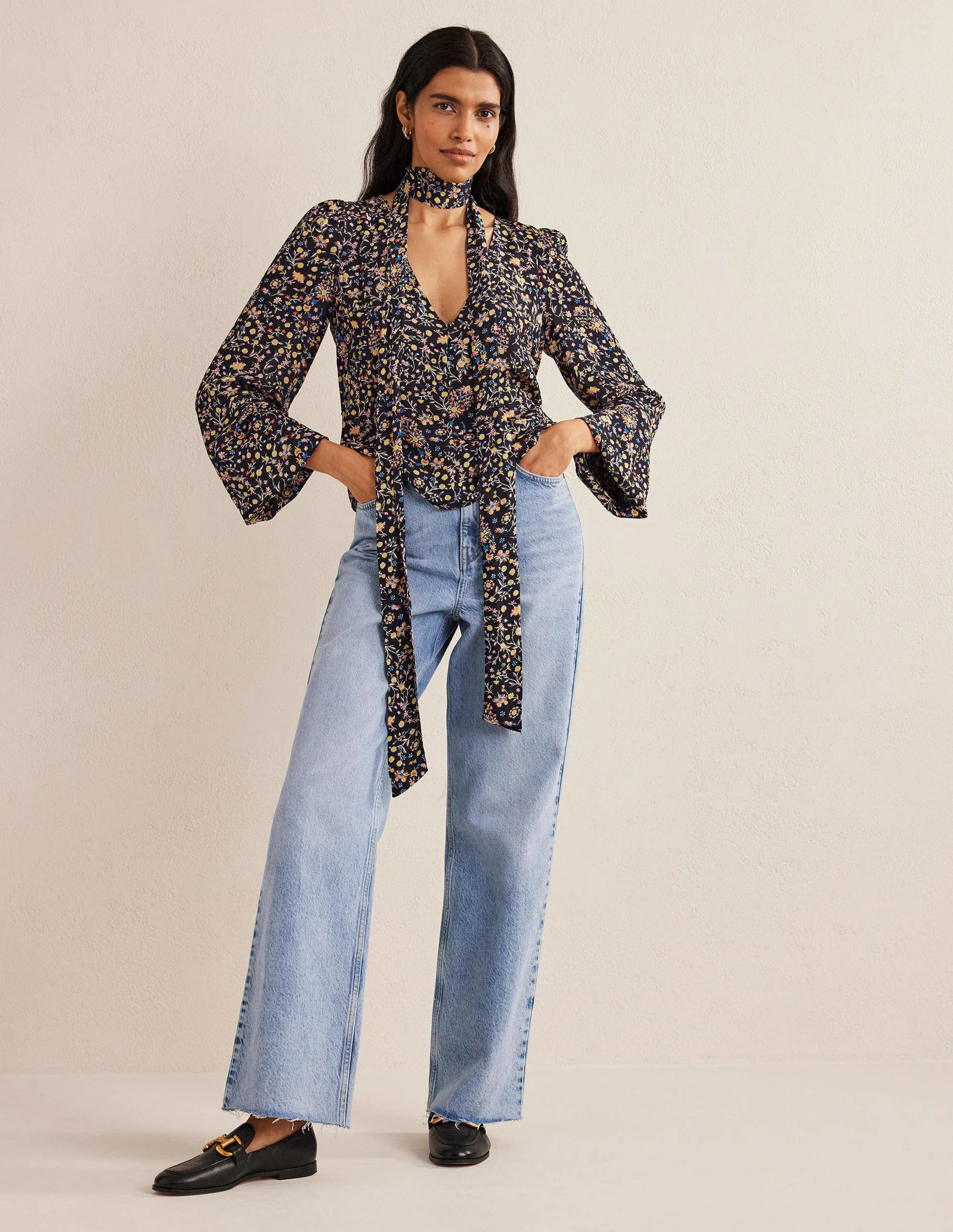 Tie Waist Top-Black, Wildflower Paisley - Image 4