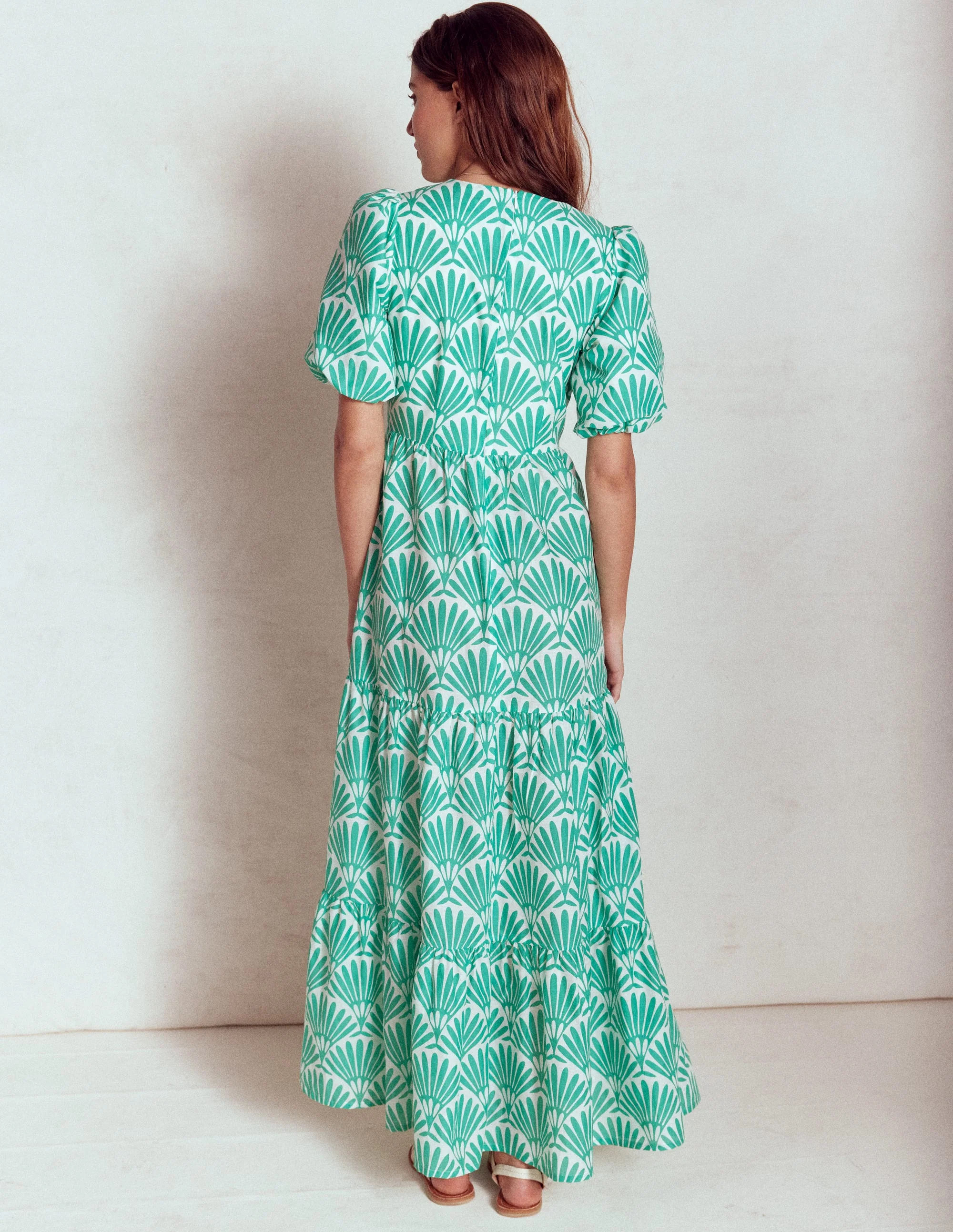 Tiered Poplin Maxi Dress-Aquamarine Blue, Deco Palm - Image 3