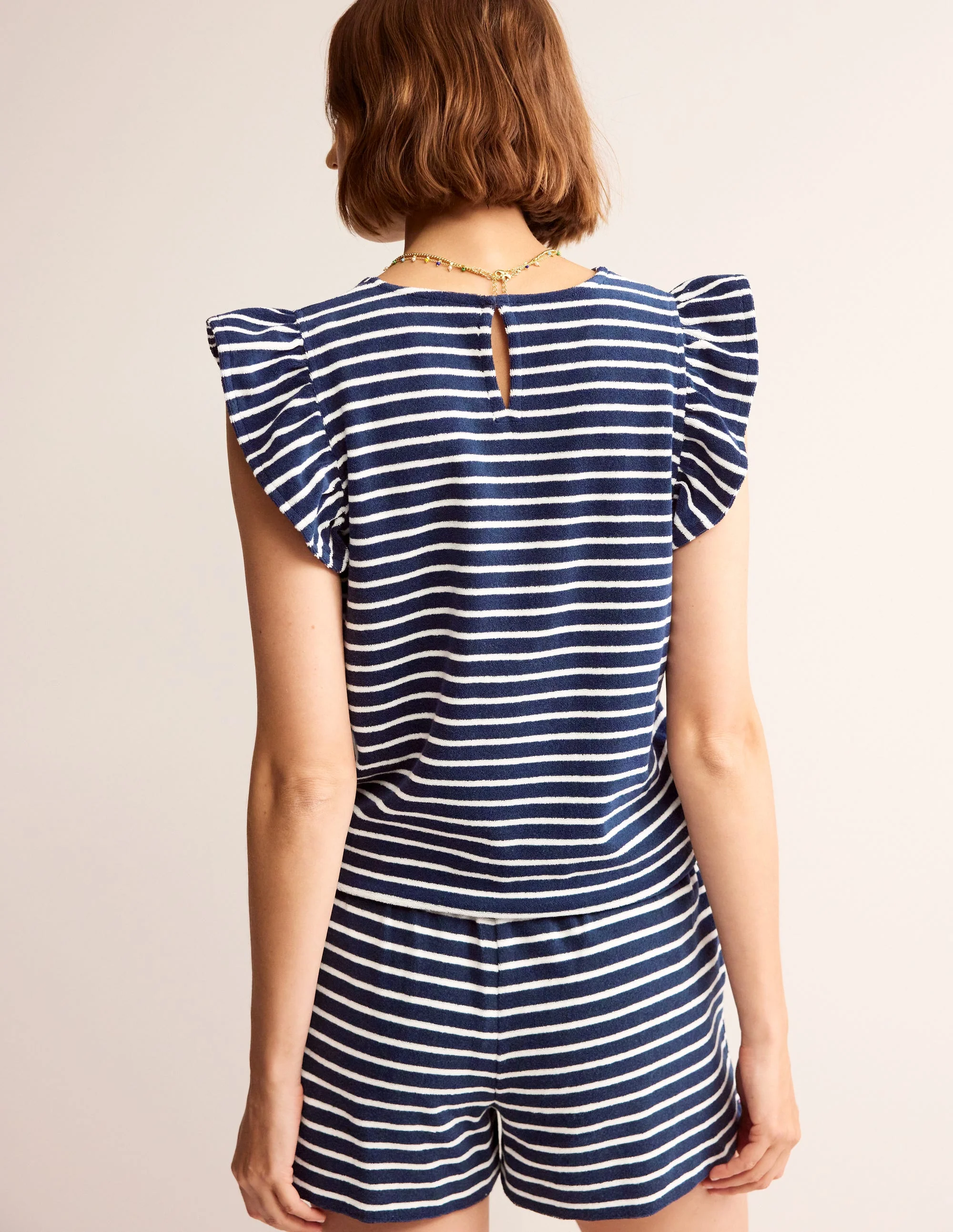 Towelling Frilled T-Shirt-Ivory, Navy - Image 3