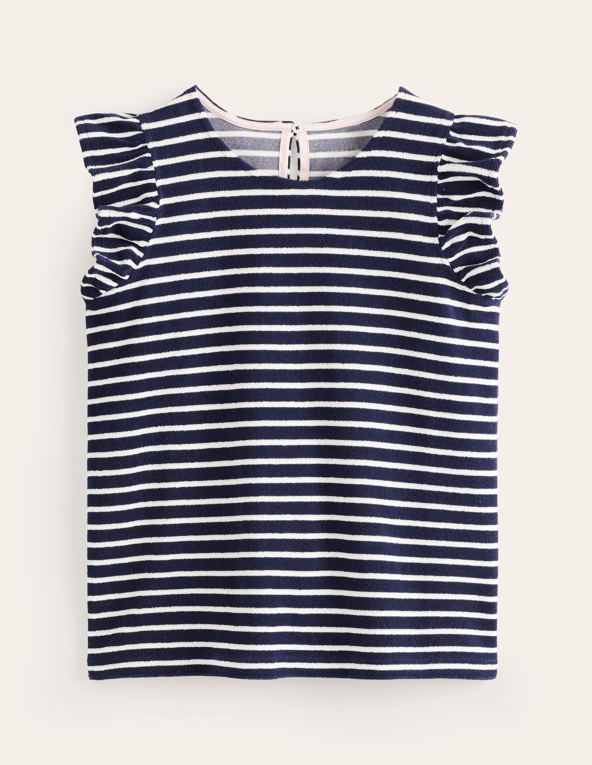 Towelling Frilled T-Shirt-Ivory, Navy - Image 5