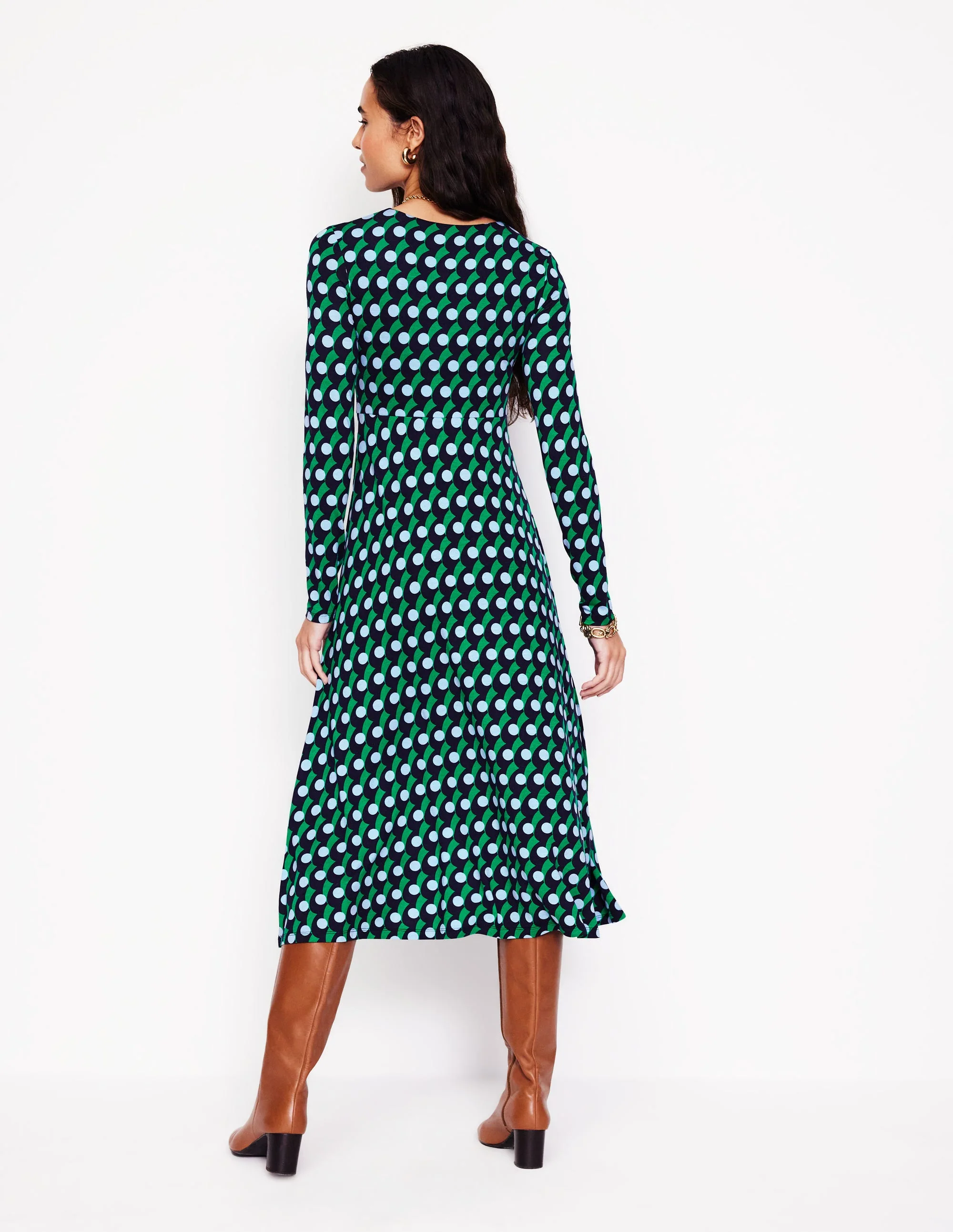 Twisted Waist Jersey Dress-Navy, Polka Wave - Image 3