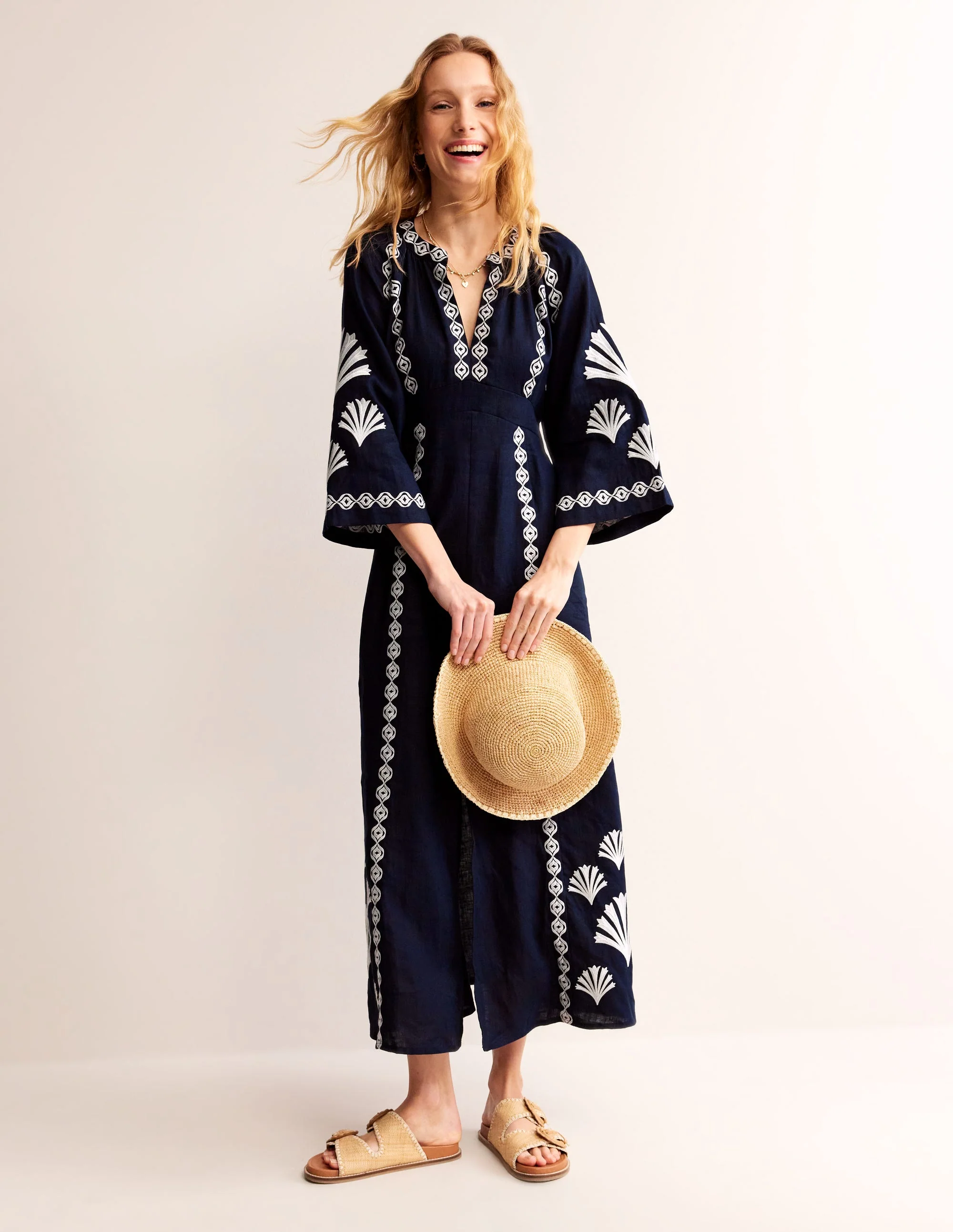 Una Linen Embroidered Dress-Navy - Image 6
