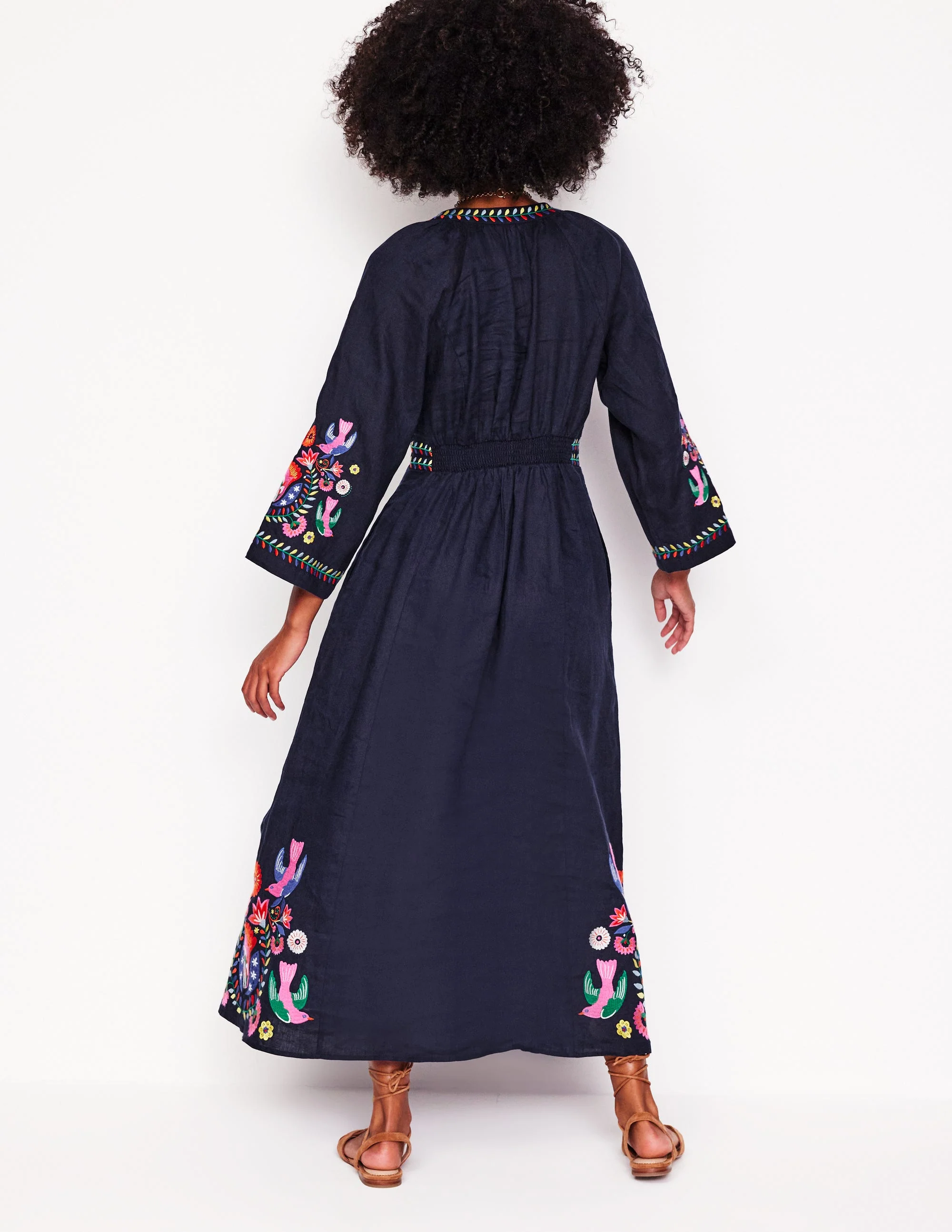 Una Linen Embroidered Dress-Navy, Multi Embroidery - Image 2