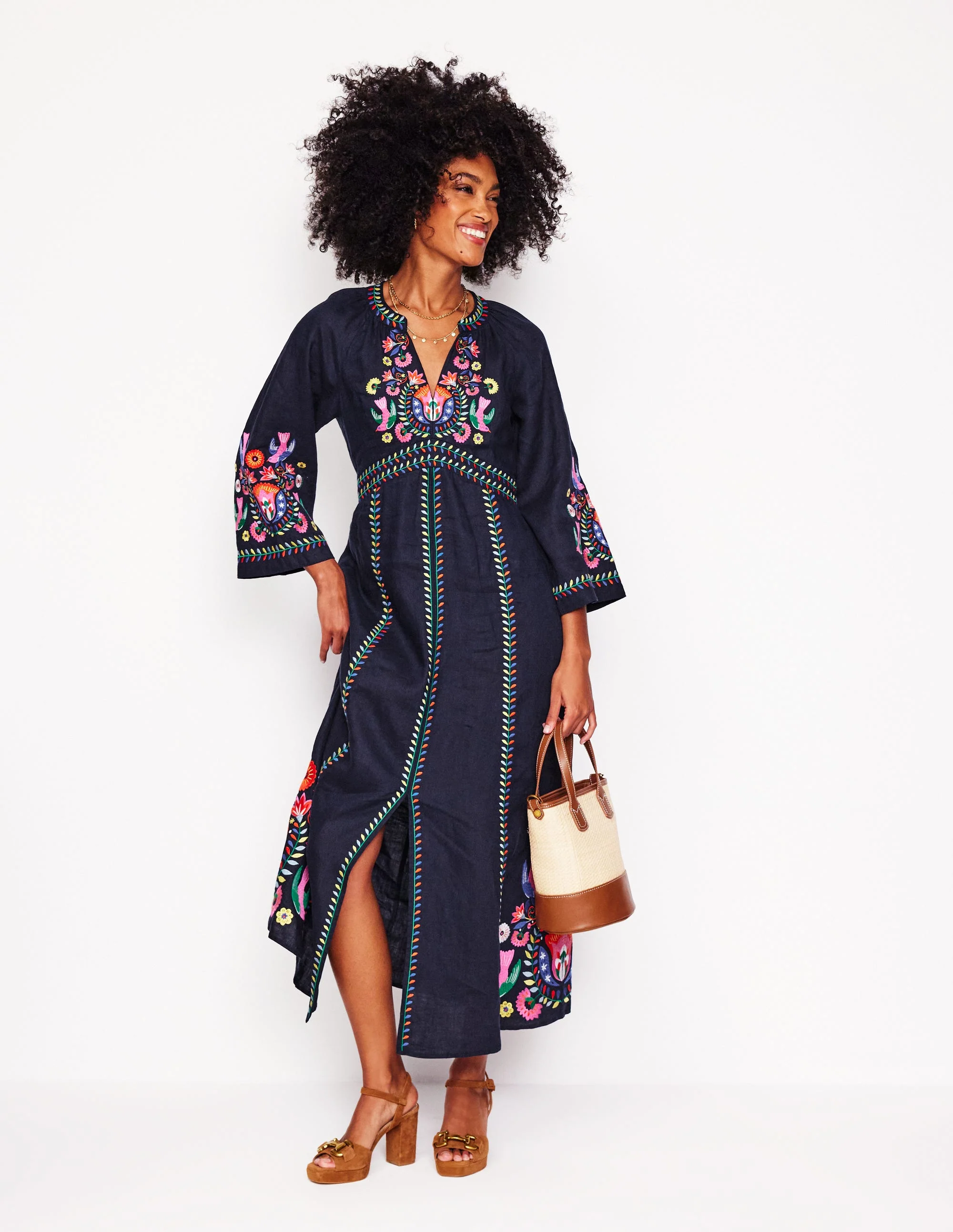 Una Linen Embroidered Dress-Navy, Multi Embroidery - Image 5