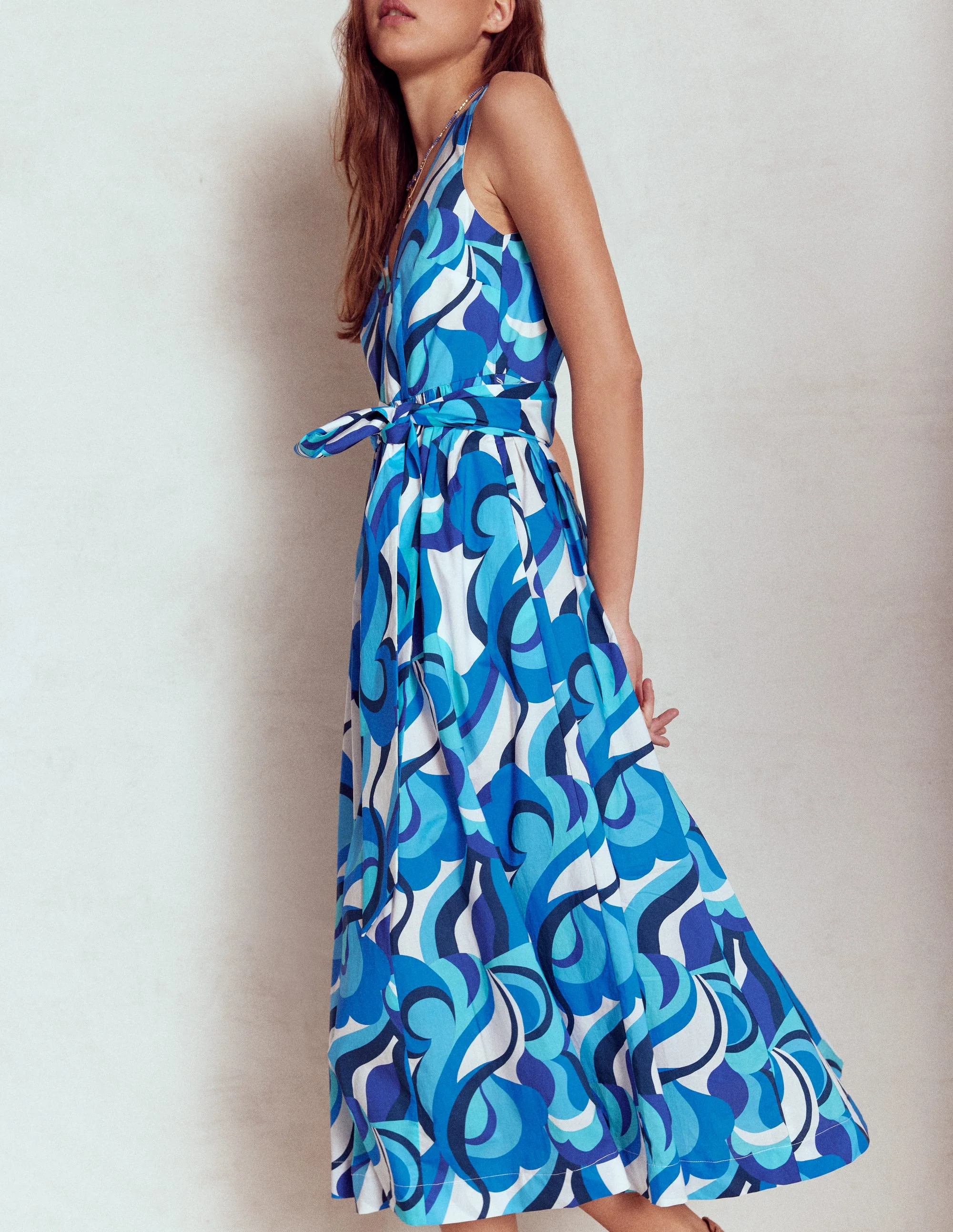 V-Neck Belted Flare Dress-Blue, Abstract Swirl - Image 2