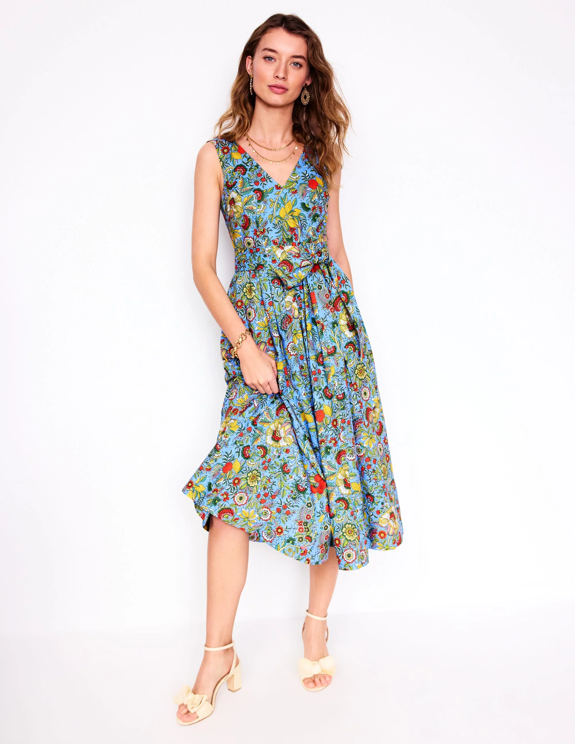 V-Neck Belted Flare Dress-Multi, Citrus Vine