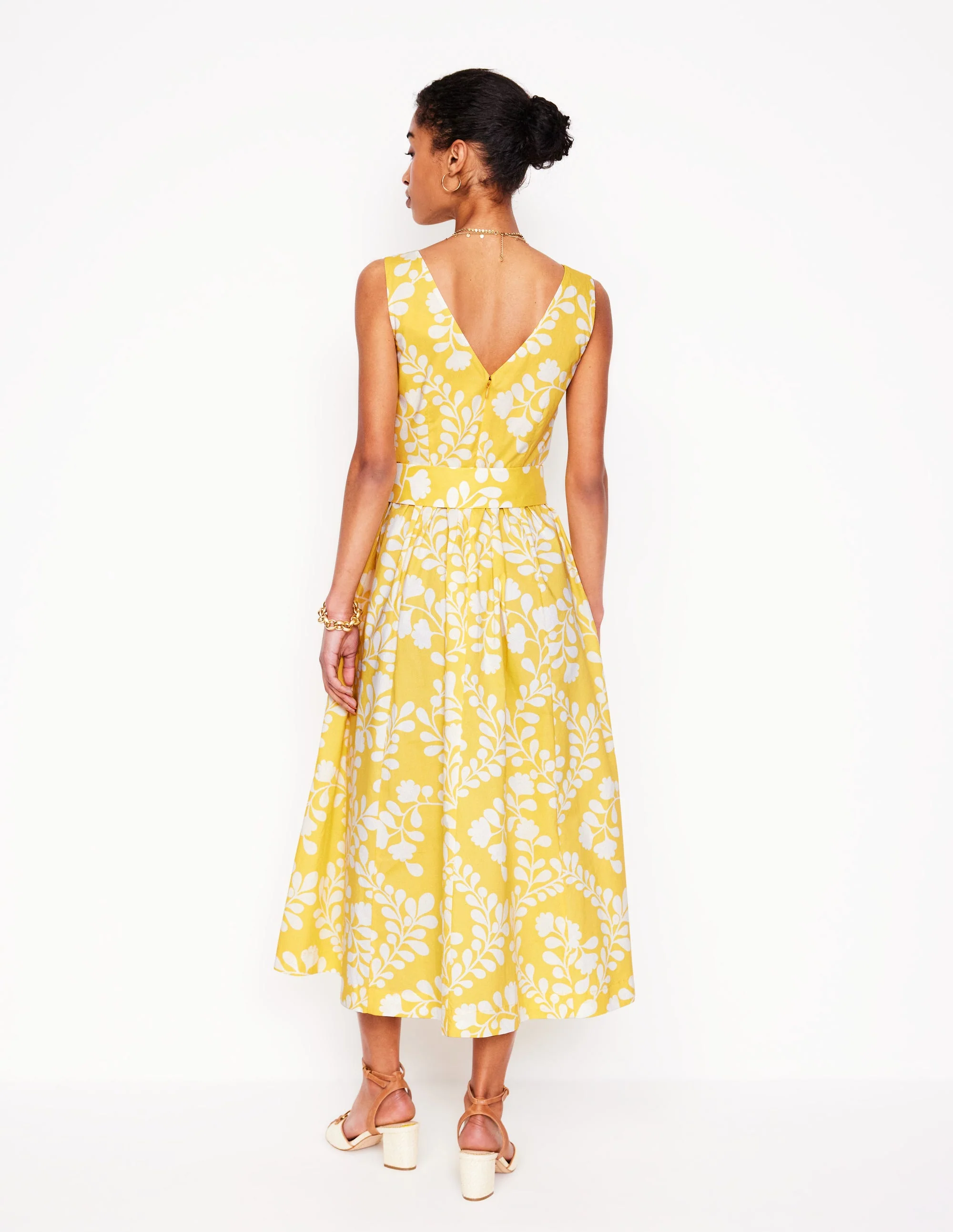 V-Neck Belted Flare Dress-Yellow, Vine Silhouette - Image 3