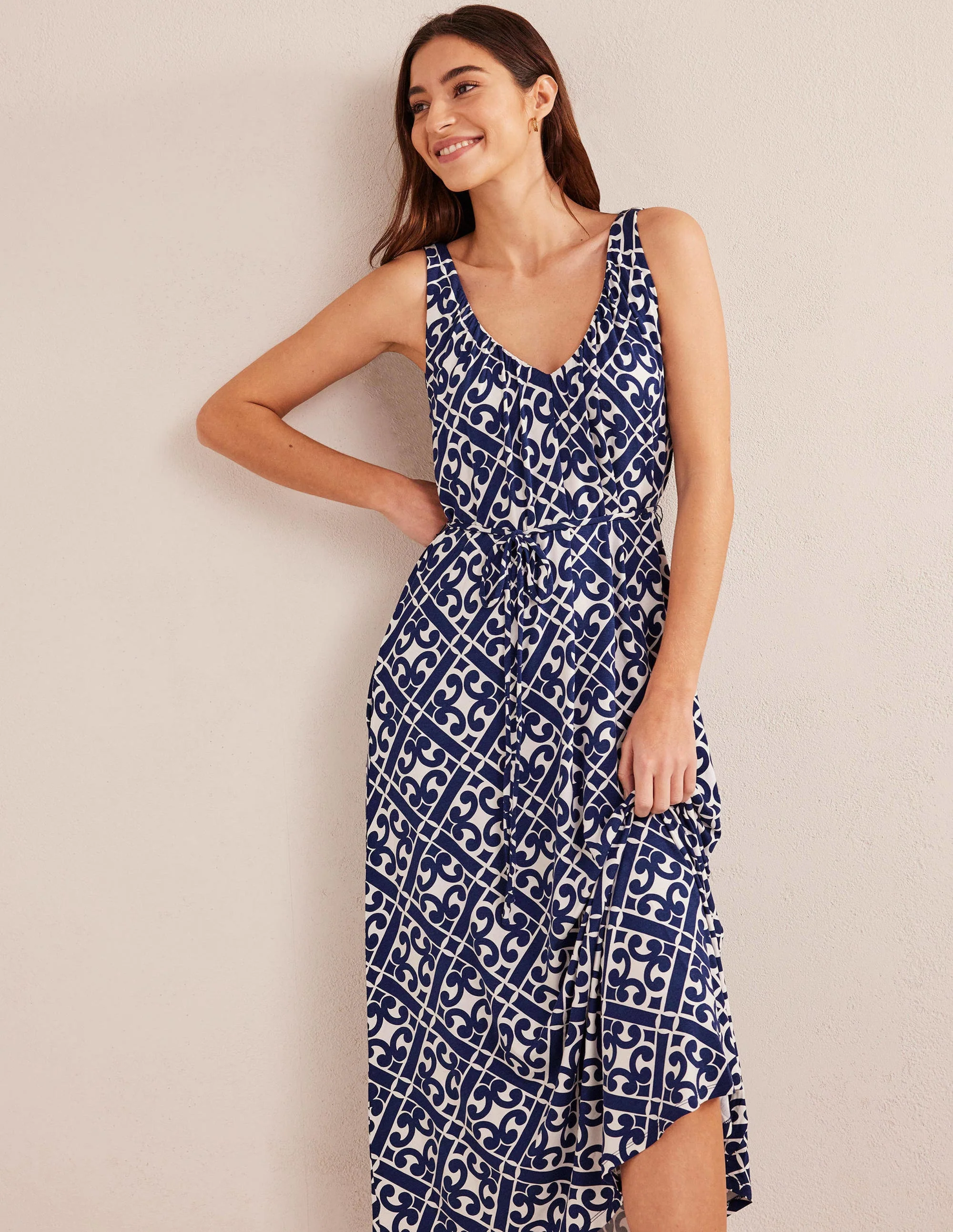 V-Neck Jersey Maxi Dress-Prussian Blue, Tranquil Geo - Image 4