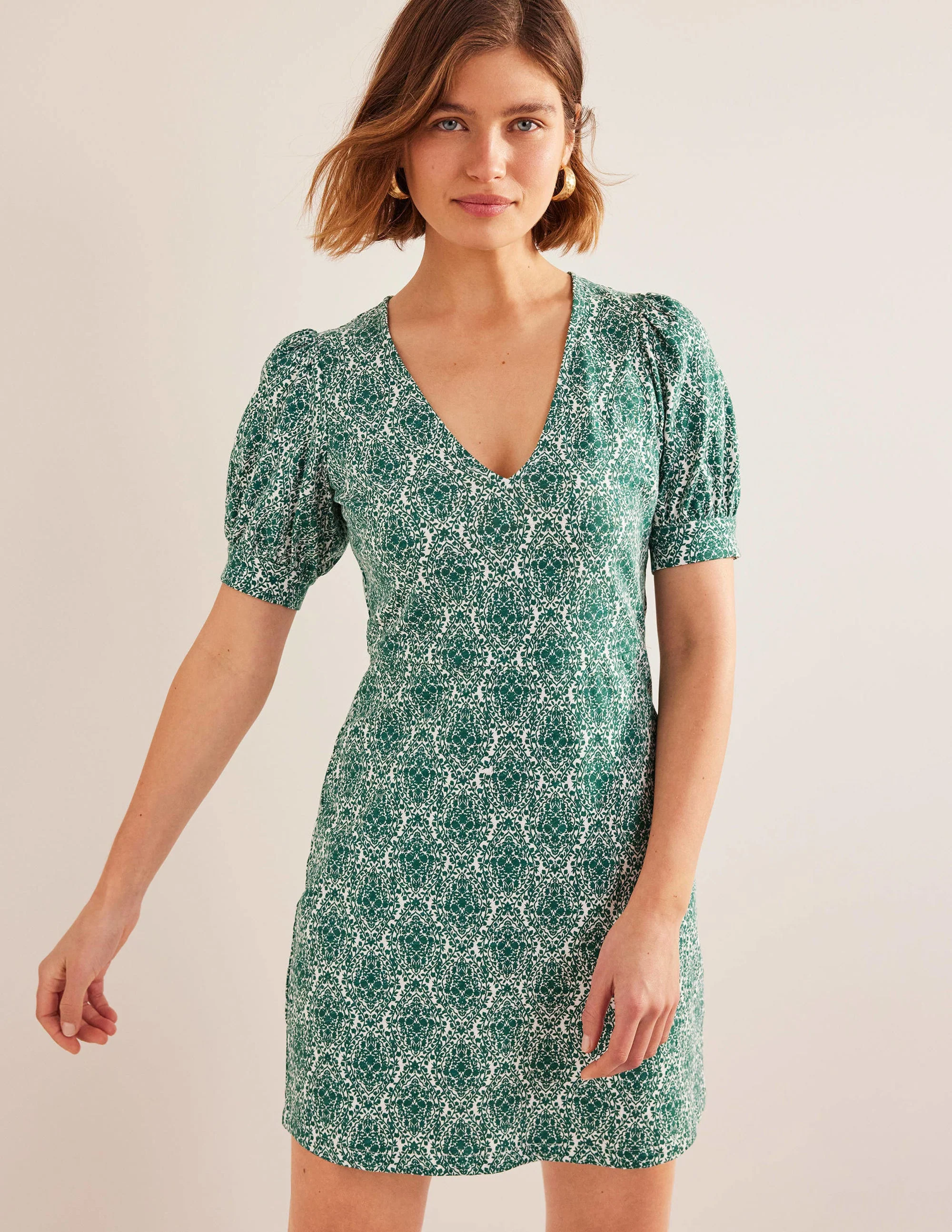 V-Neck Jersey Mini Dress-Bottle Green, Vine Terrace - Image 4