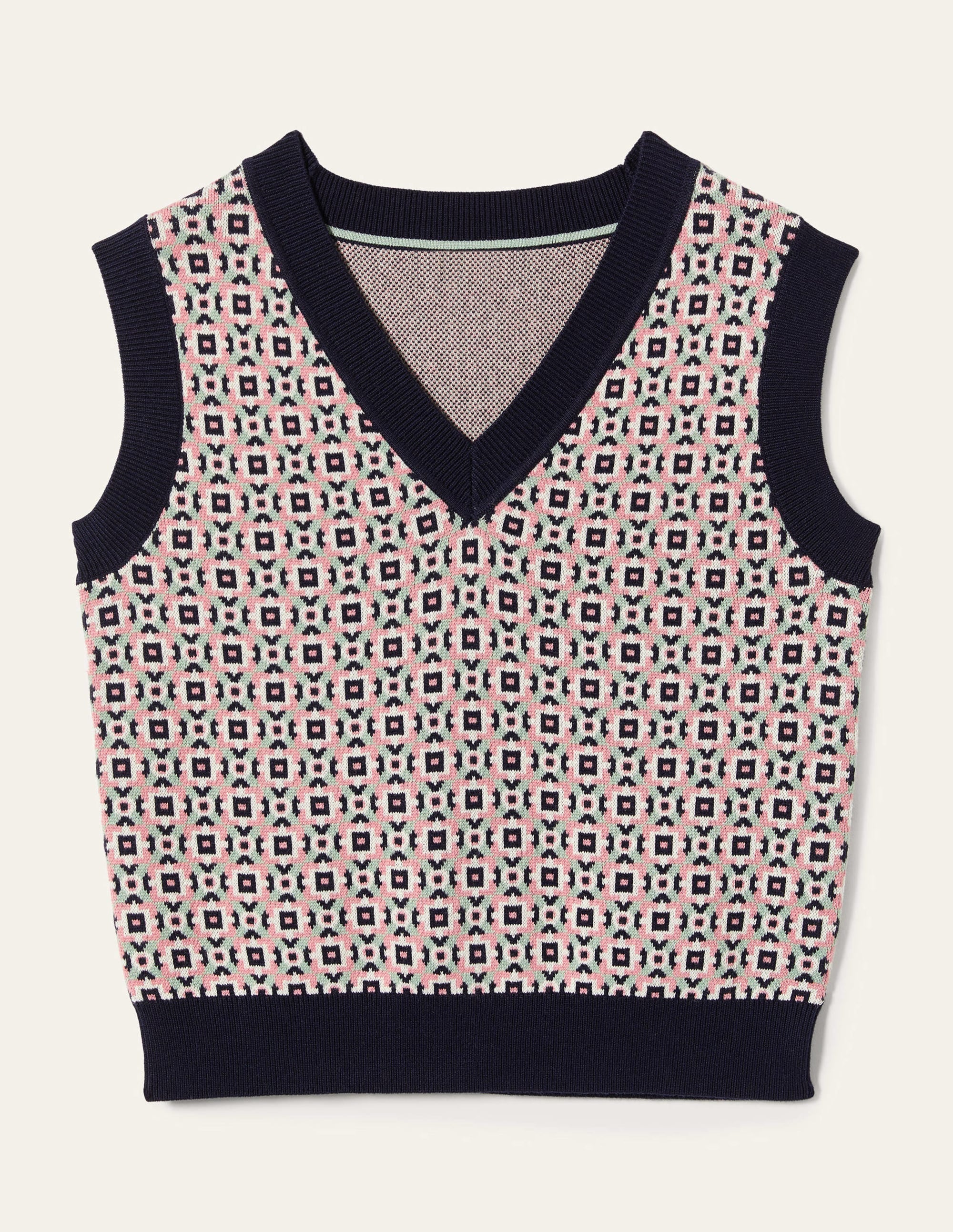 V-neck Knitted Sweater Vest-Almond Pink, Square Geo - Image 9
