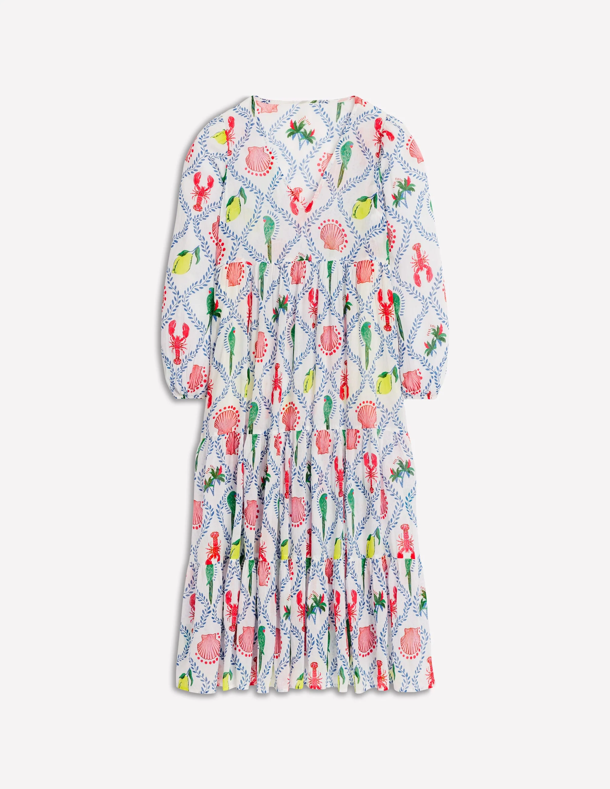 V-Neck Tiered Cotton Kaftan-Ivory, Tropical Bonanza - Image 6