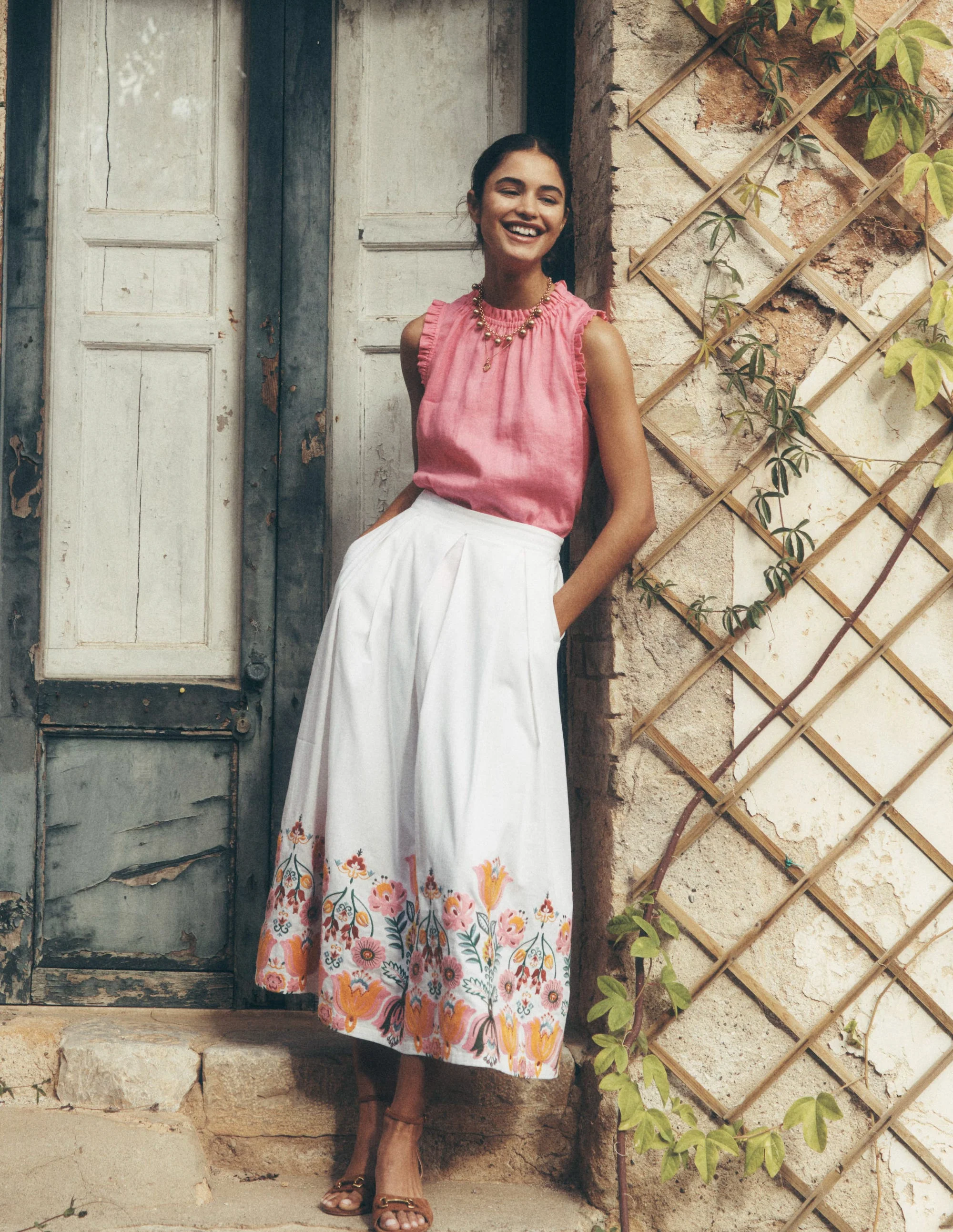 Verity Embroidered Linen Skirt-Ivory - Image 6