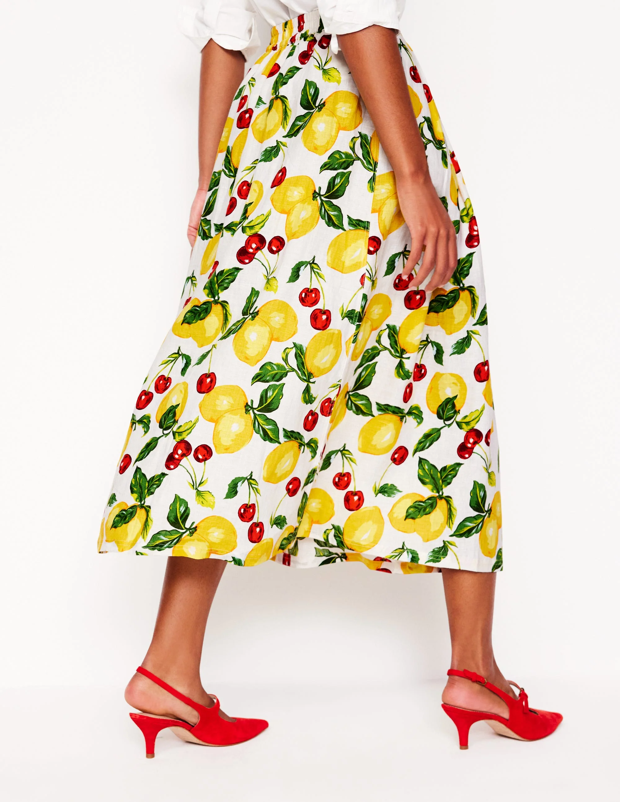 Verity Linen Midi Skirt-Ivory, Cherries and Lemons - Image 3