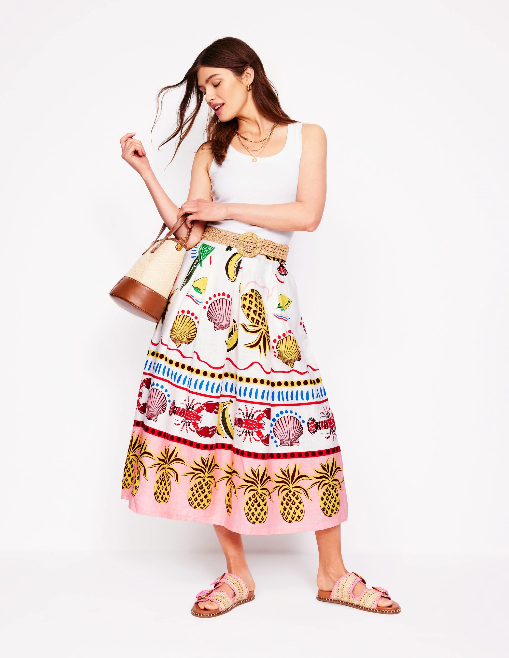 Verity Linen Midi Skirt-Multi, Tropical Bonanza