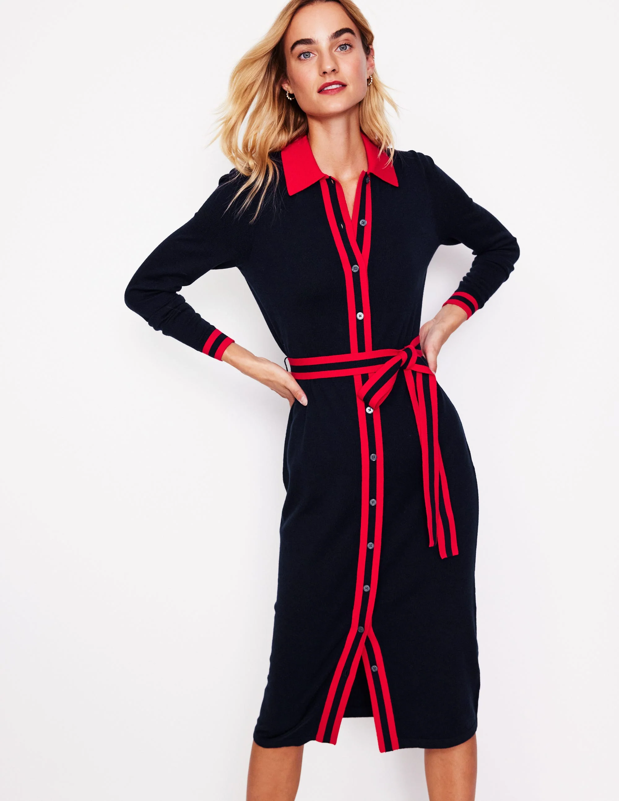 Victoria Knitted Shirt Dress-Navy and Rouge - Image 2