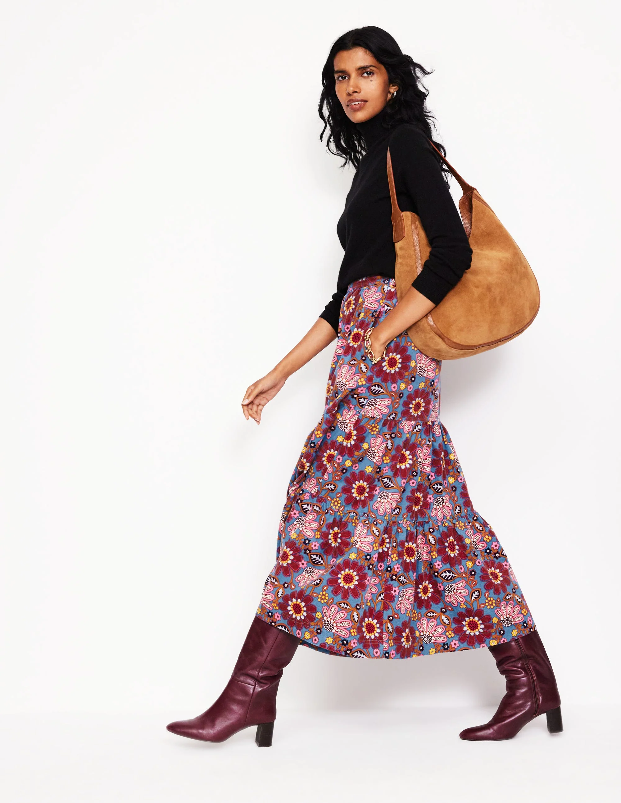 Viv Cord Tiered Maxi Skirt-French Navy, Cosmic Meadow - Image 5