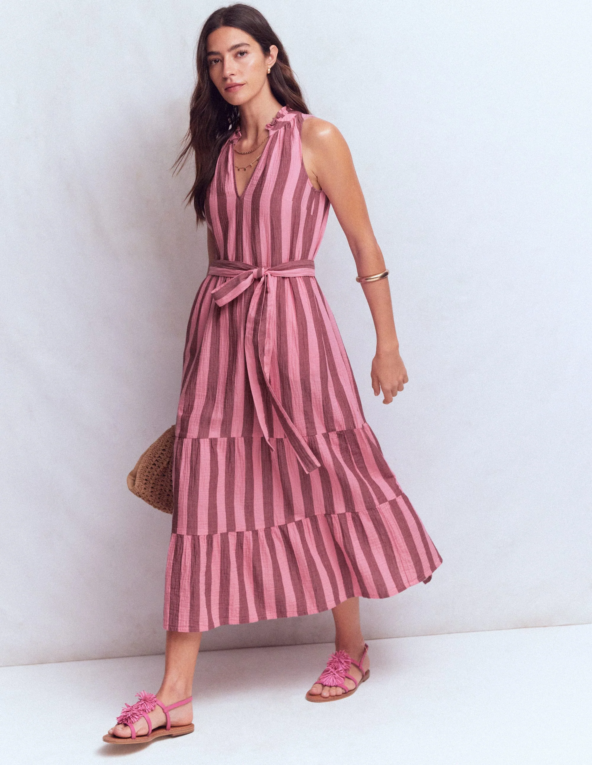Viv Double Cloth Maxi Dress-Brown Pink Stripe