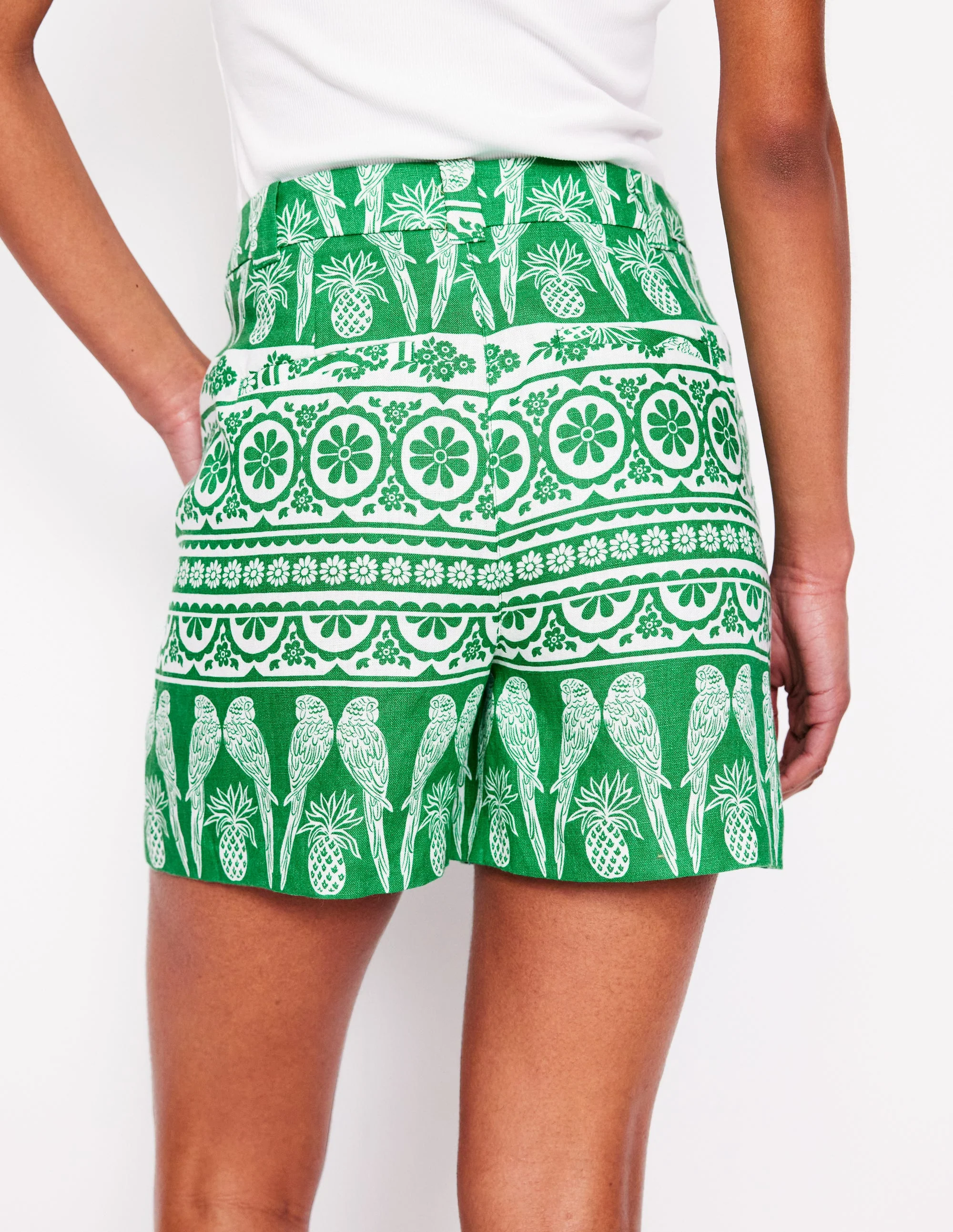 Westbourne Linen Shorts-Rich Emerald, Ornate Tropics - Image 4