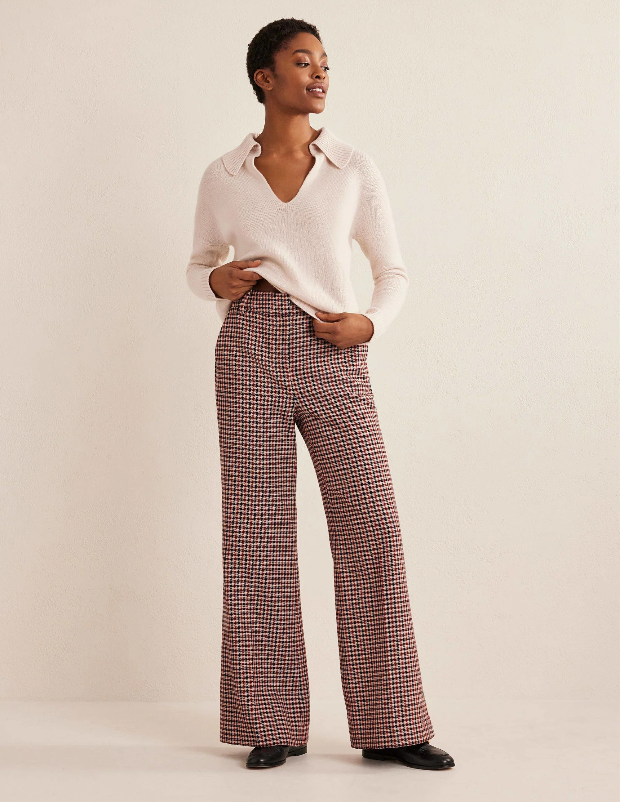 Wide Leg Flared Check Pants-Check