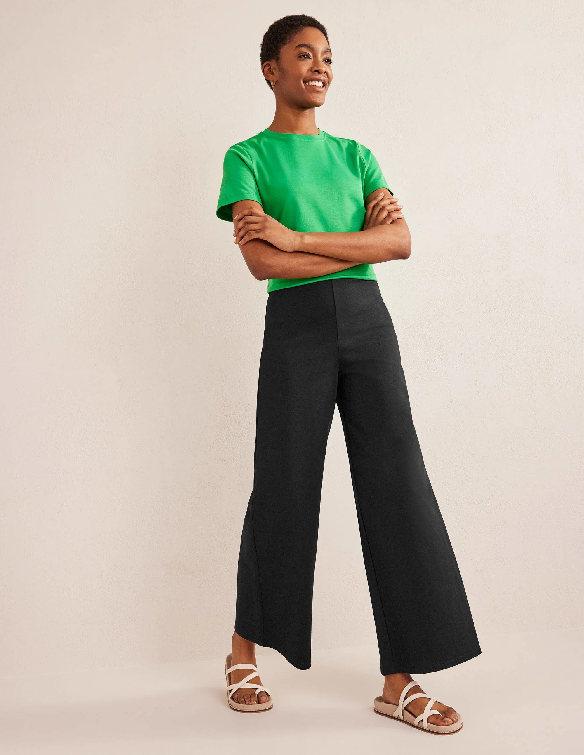 Wide Leg Jersey Pants-Black