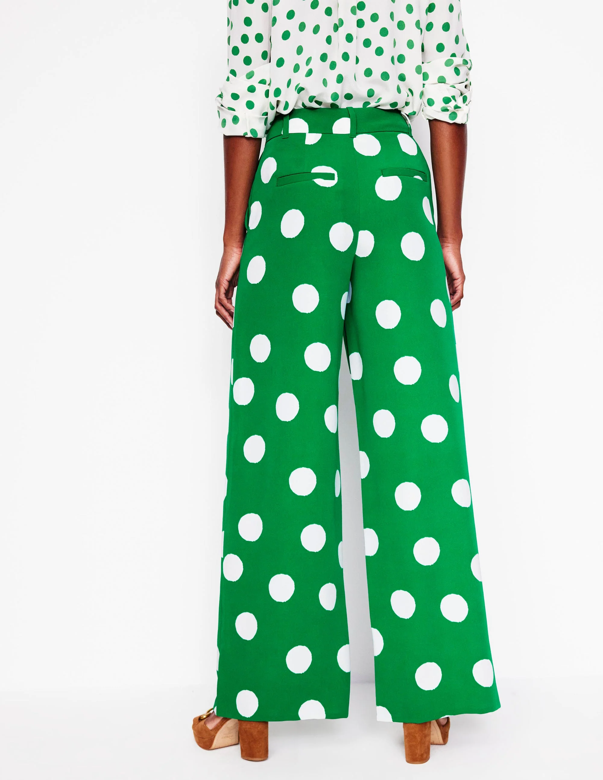 Wide Leg Trousers-Rich Emerald, Abstract Dot - Image 4