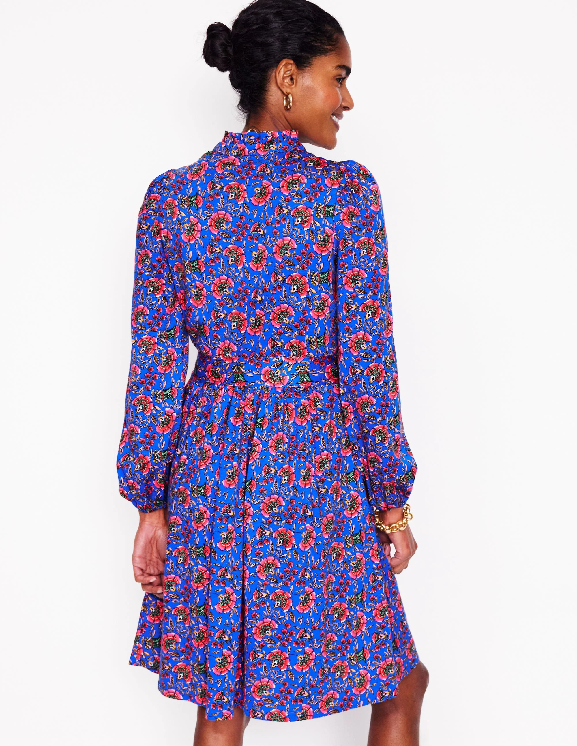 Willow Ruffle Neck Shirt Dress-Gallery Blue, Decorative Vine - Image 3
