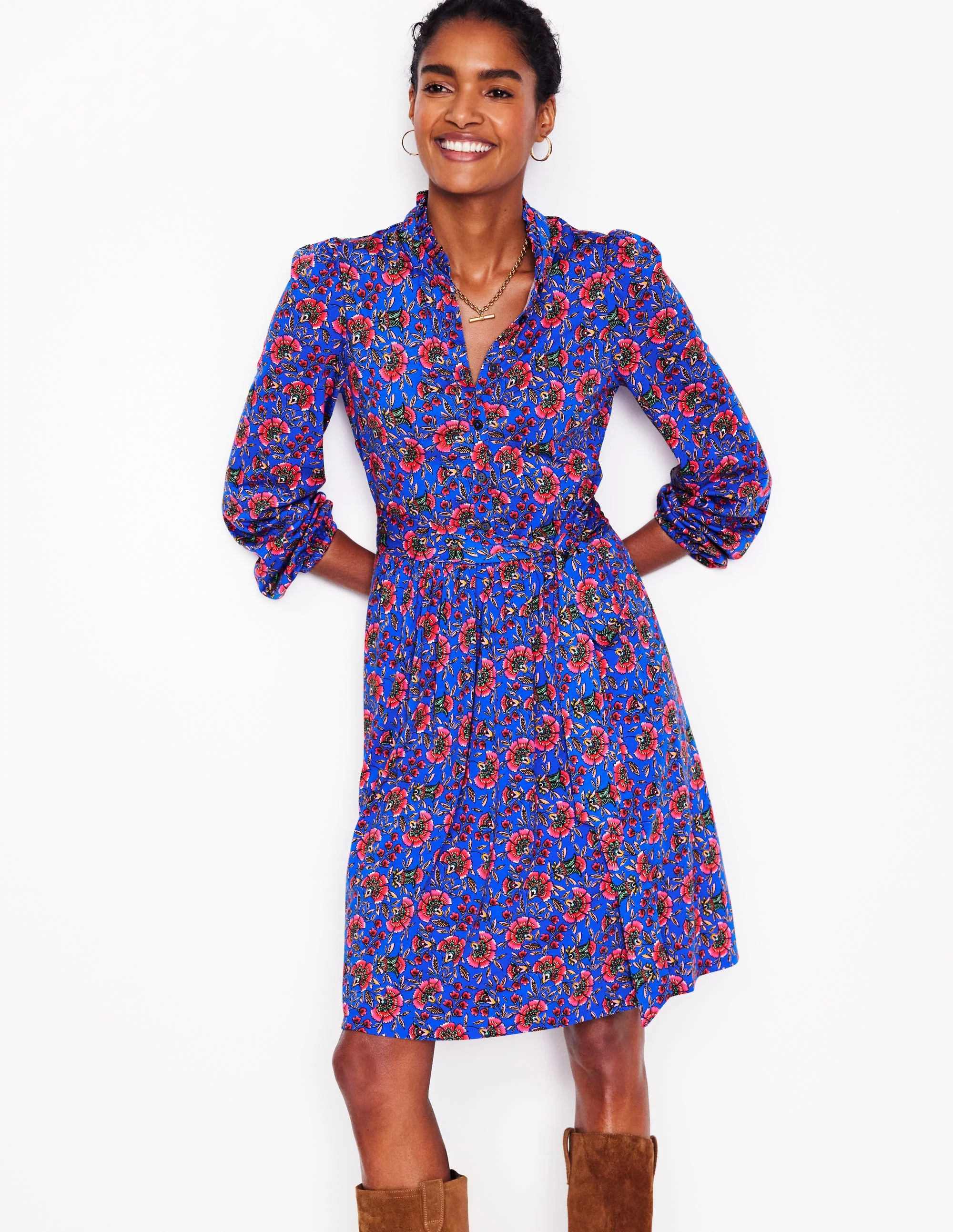 Willow Ruffle Neck Shirt Dress-Gallery Blue, Decorative Vine - Image 4