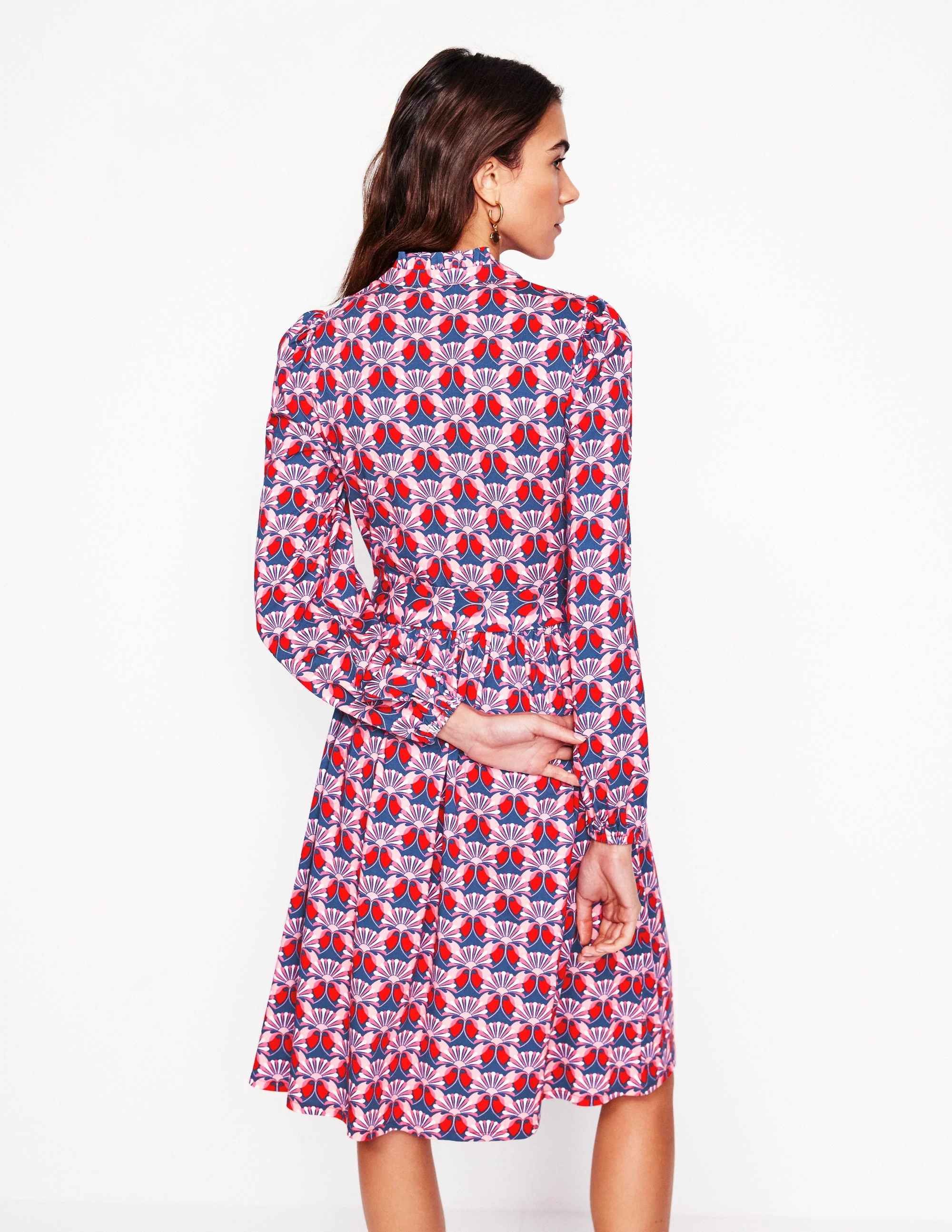 Willow Ruffle Neck Shirt Dress-Poppy Red, Daisy Bloom Geo - Image 3