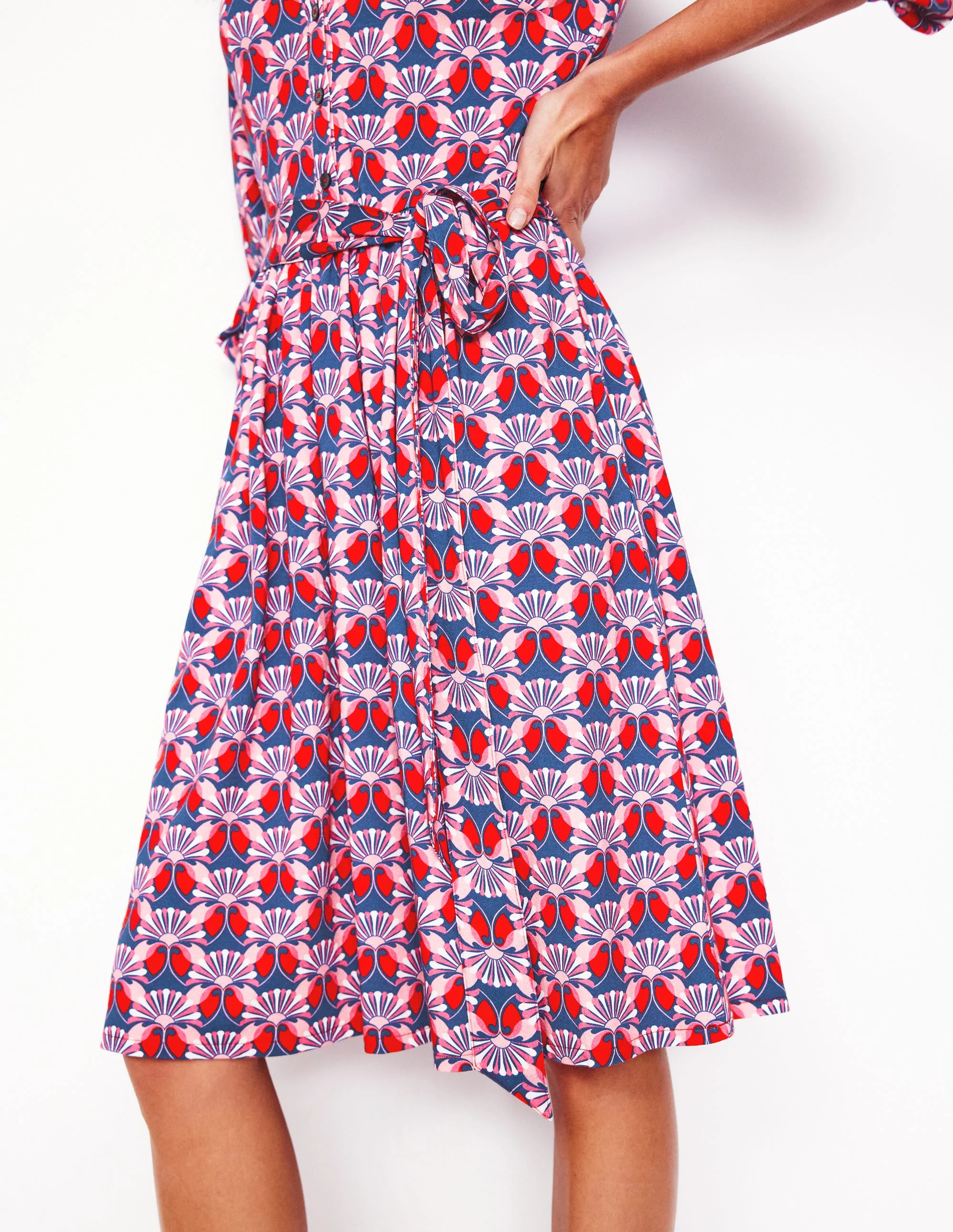 Willow Ruffle Neck Shirt Dress-Poppy Red, Daisy Bloom Geo - Image 4