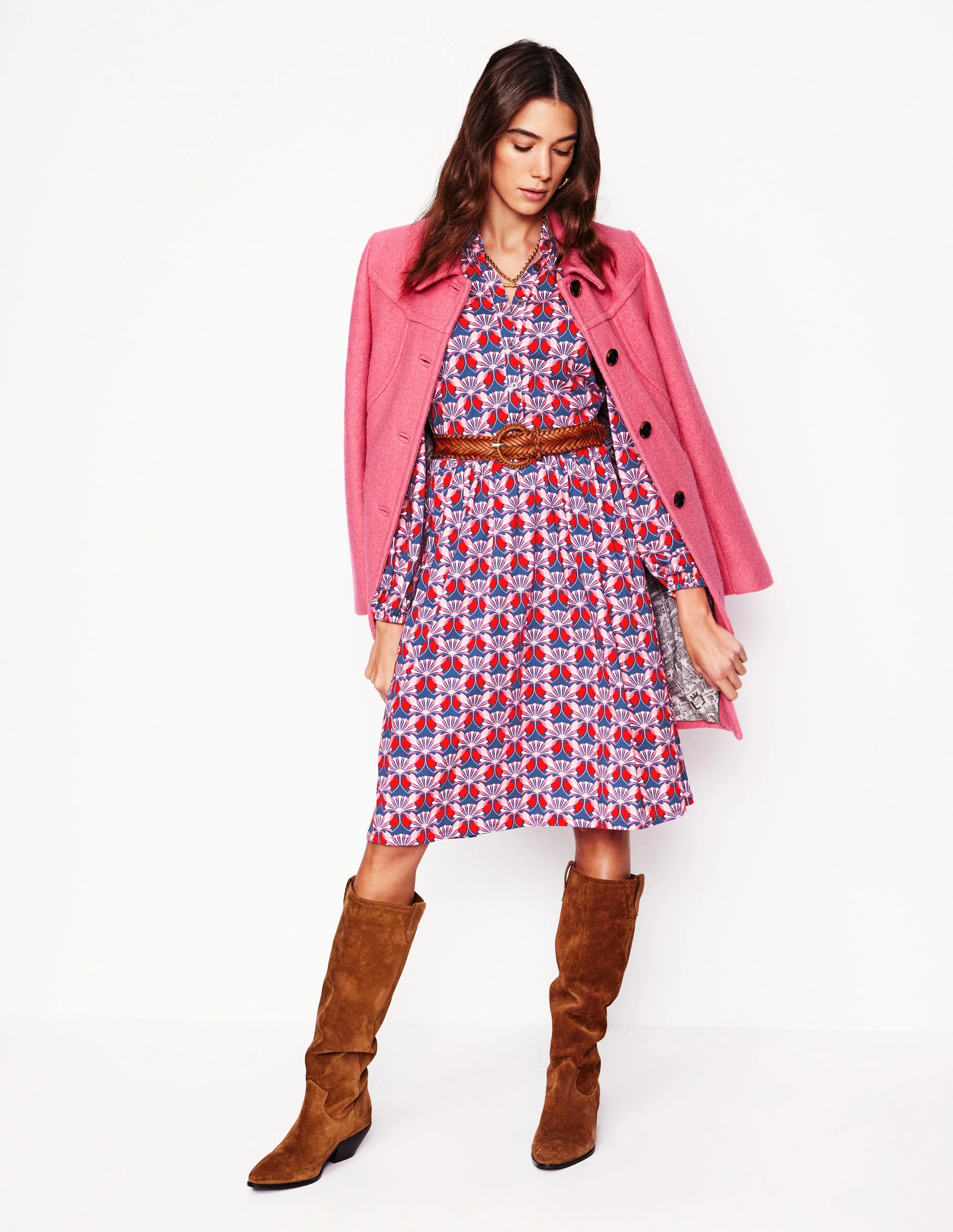 Willow Ruffle Neck Shirt Dress-Poppy Red, Daisy Bloom Geo - Image 5